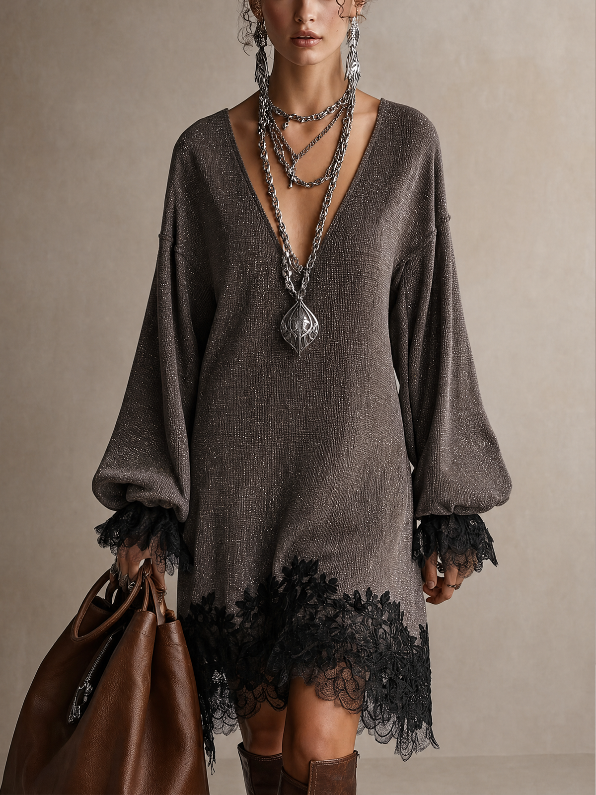 Dark Grey Shimmer Woven V‑Neck Lace Trim Mini Dress