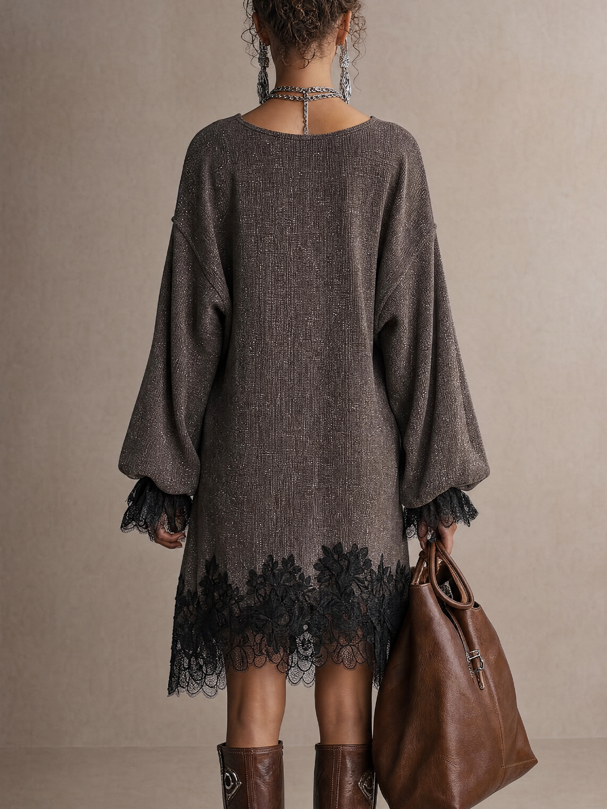Dark Grey Shimmer Woven V‑Neck Lace Trim Mini Dress