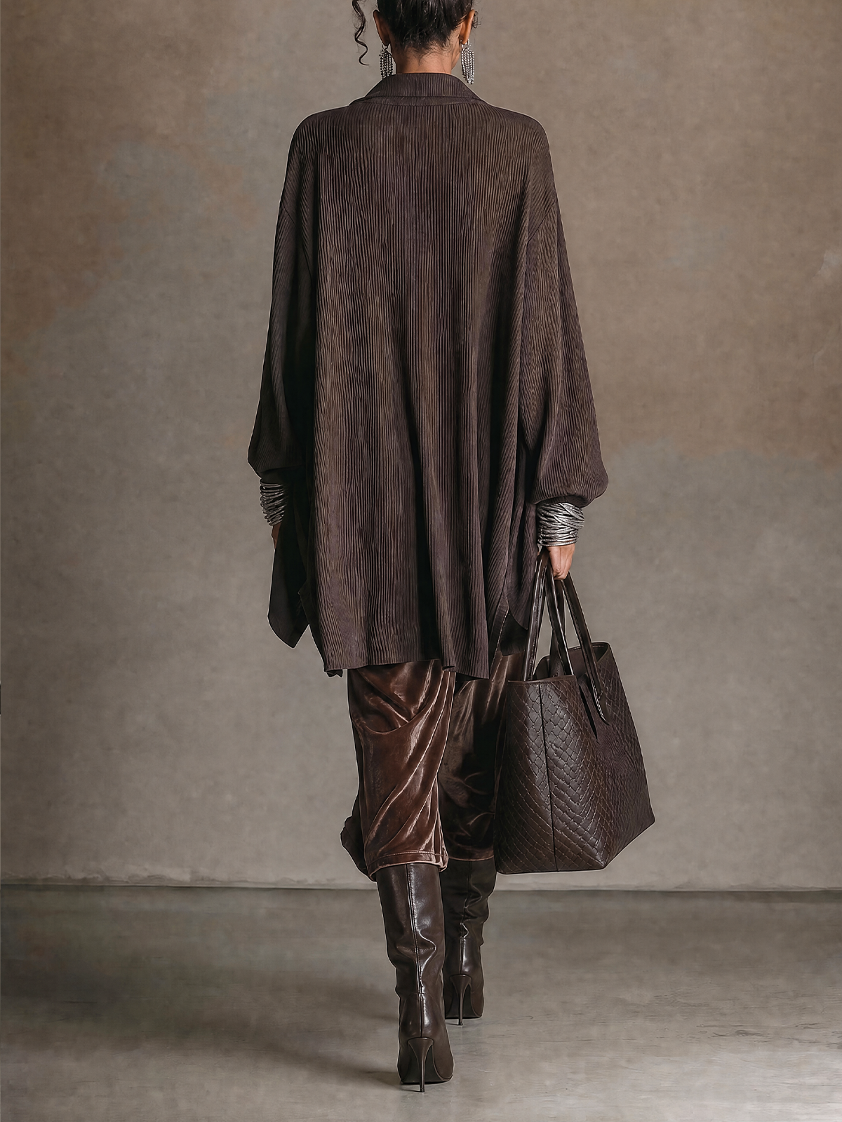 Dark Brown Textured Knit Pullover And Velvet Midi Skirt Two‑Piece Set