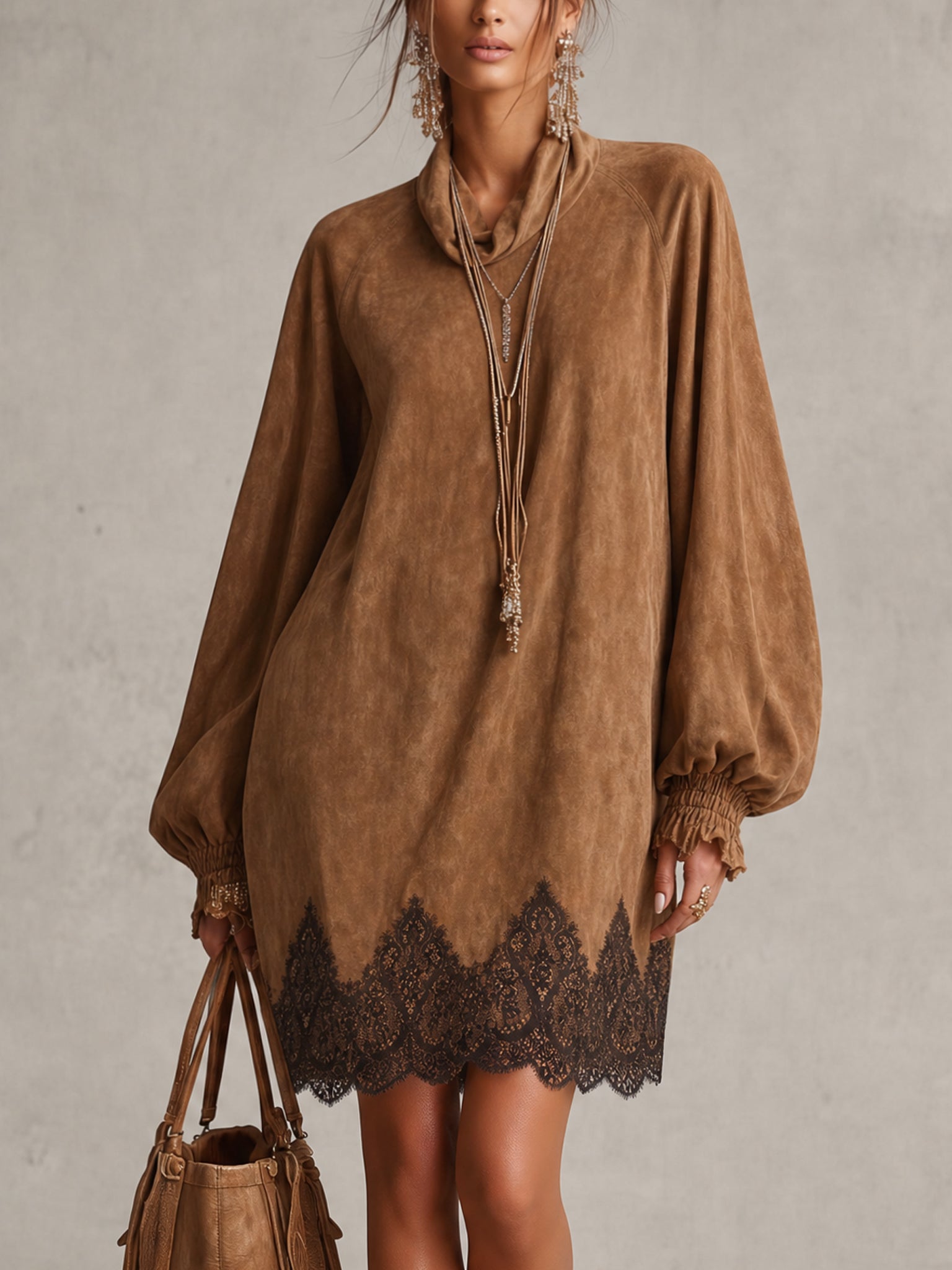 Vintage Brown Faux Suede Loose Lace Mini Dress