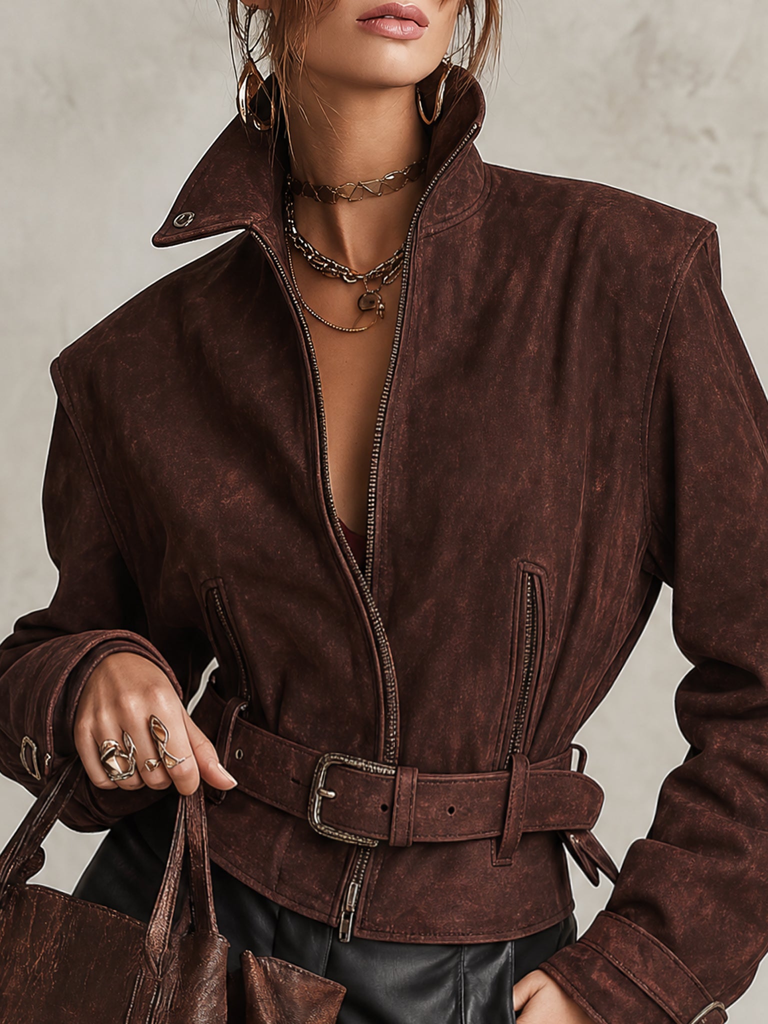 Vintage Burgundy Washed Faux Suede Belted Jacket