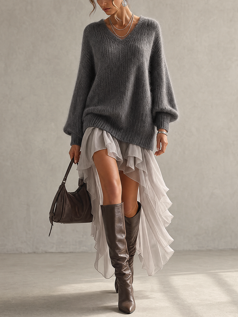 Charcoal Fuzzy Knit And Chiffon Ruffle Sweater Dress