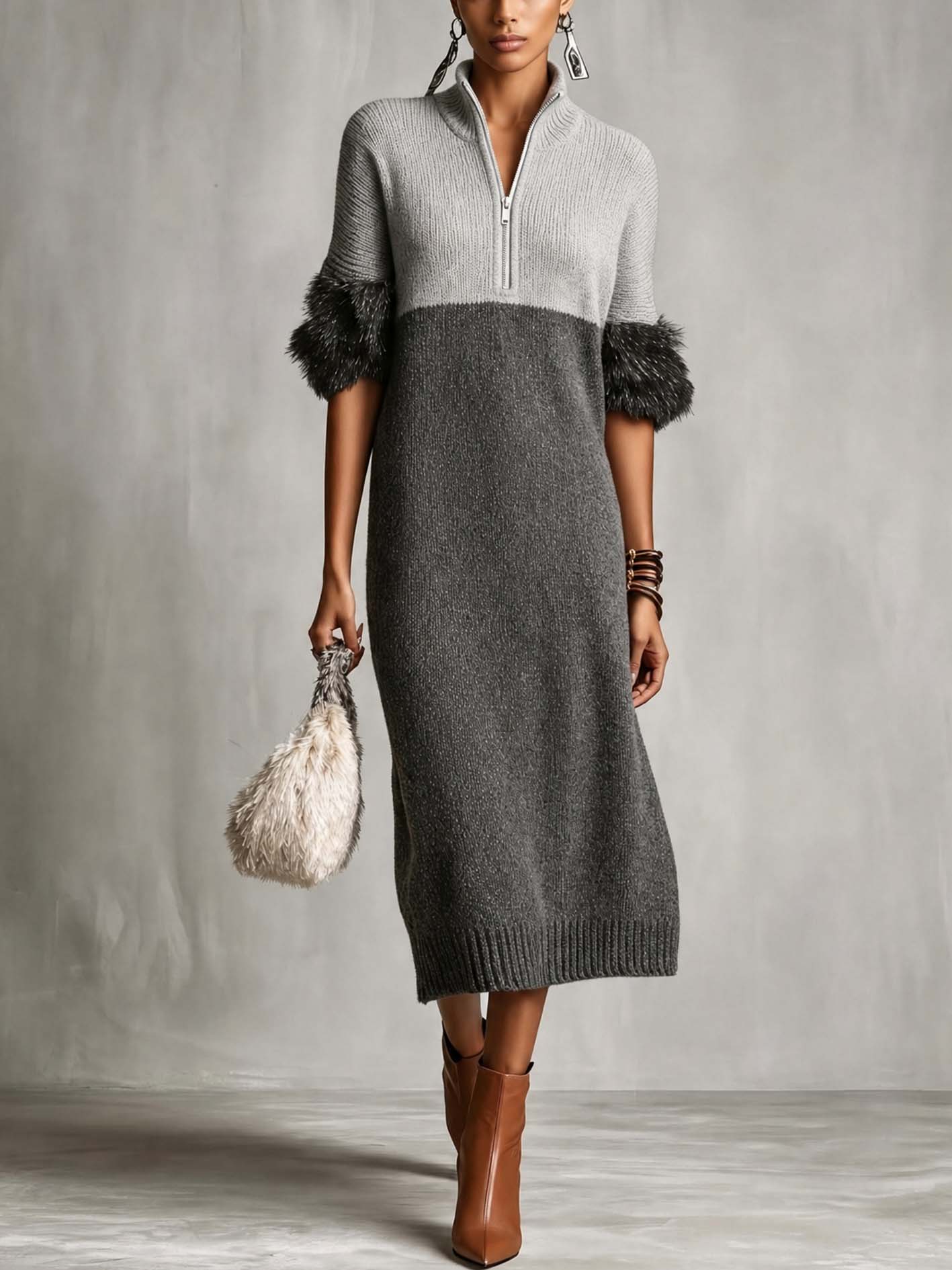 Light Gray And Charcoal Color Block Knit Midi Dress With Half-Zip Collar