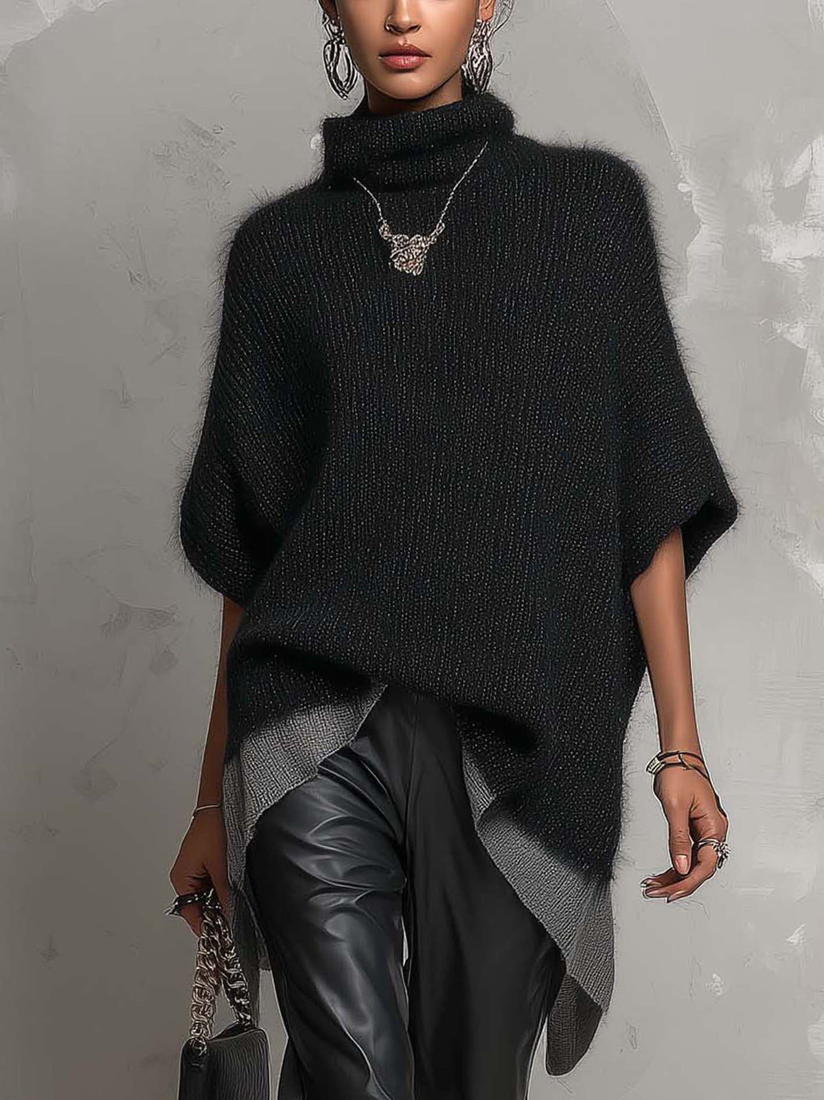 Black Fuzzy Knit Poncho Sweater With Asymmetrical Contrast Hem