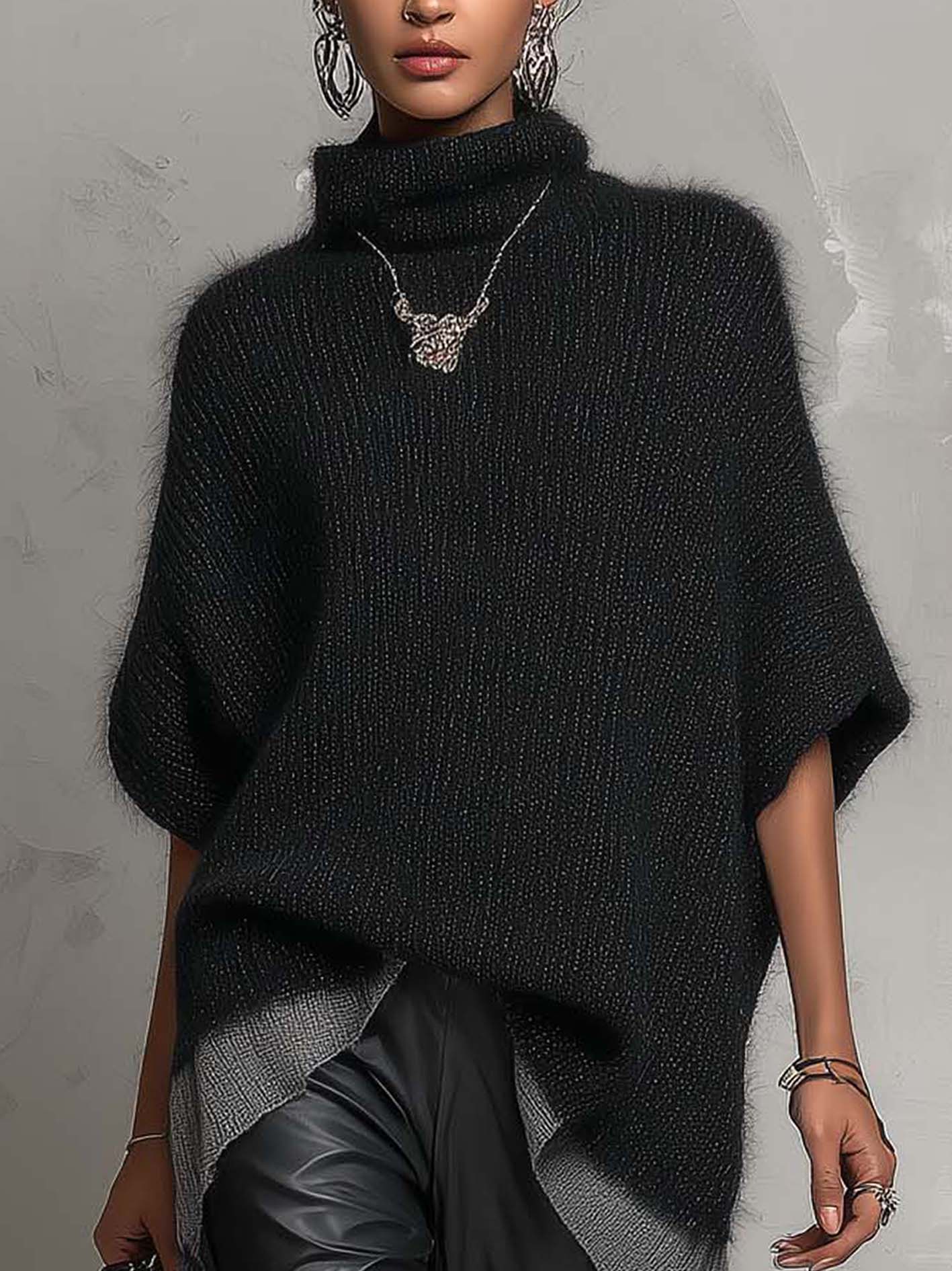 Black Fuzzy Knit Poncho Sweater With Asymmetrical Contrast Hem