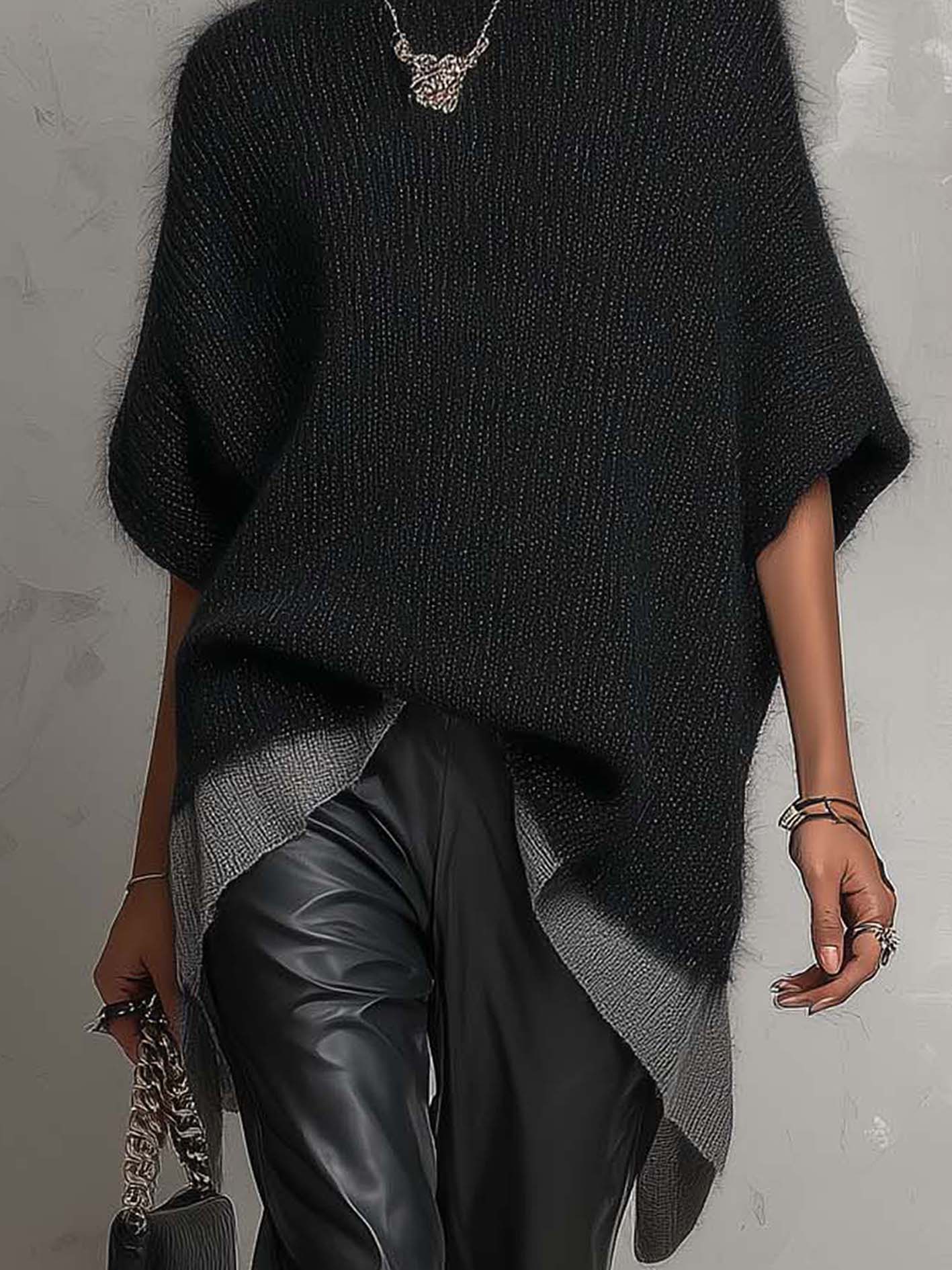 Black Fuzzy Knit Poncho Sweater With Asymmetrical Contrast Hem