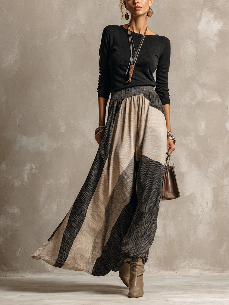 Black Knit And Colorblock Pleated Maxi Dress