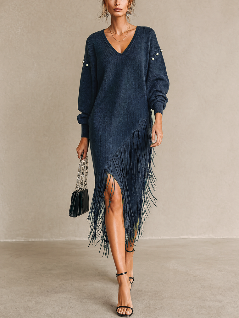 Midnight Navy V-Neck Knit Fringe Midi Dress