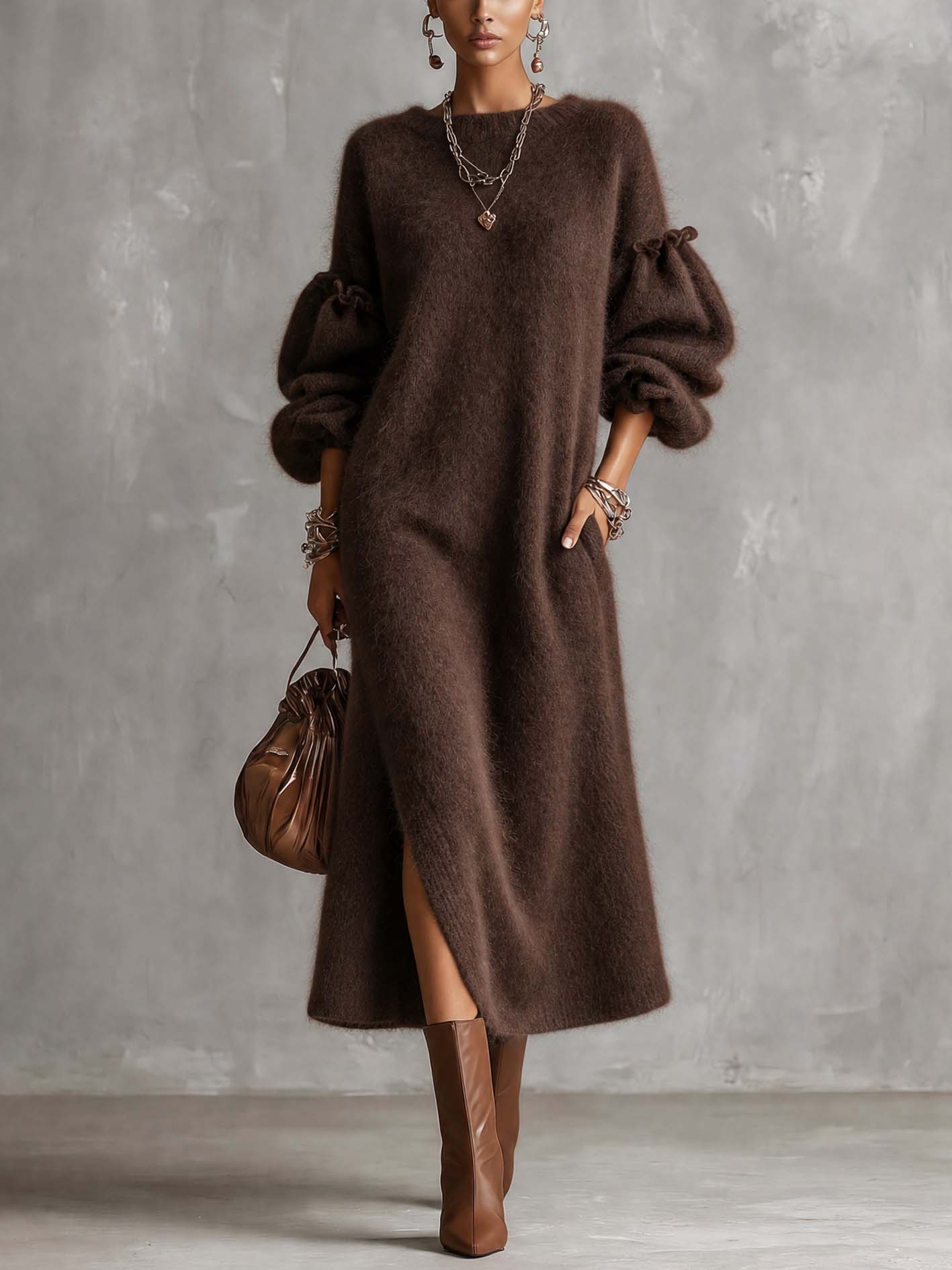 Chocolate Brown Fuzzy Knit Maxi Dress With Balloon Sleeves And Side Slit