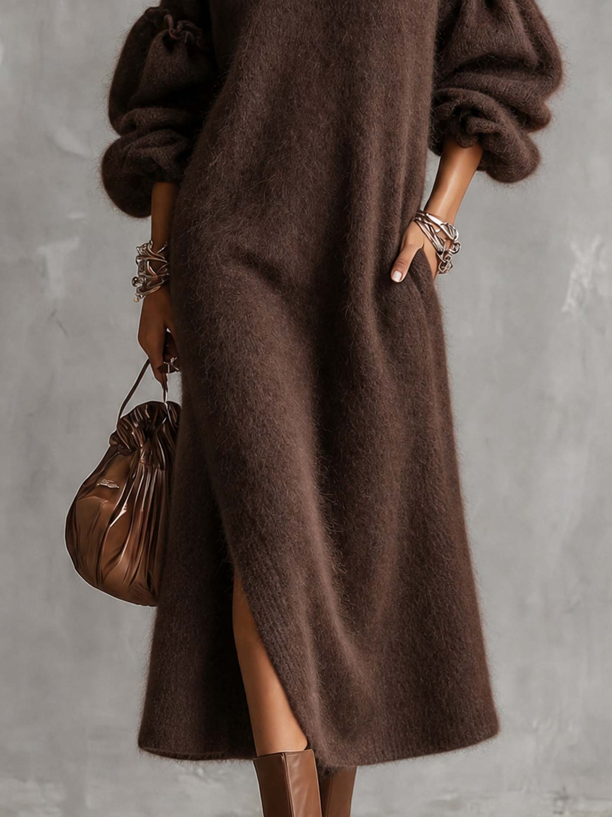 Chocolate Brown Fuzzy Knit Maxi Dress With Balloon Sleeves And Side Slit