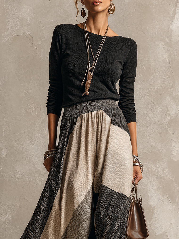 Black Knit And Colorblock Pleated Maxi Dress