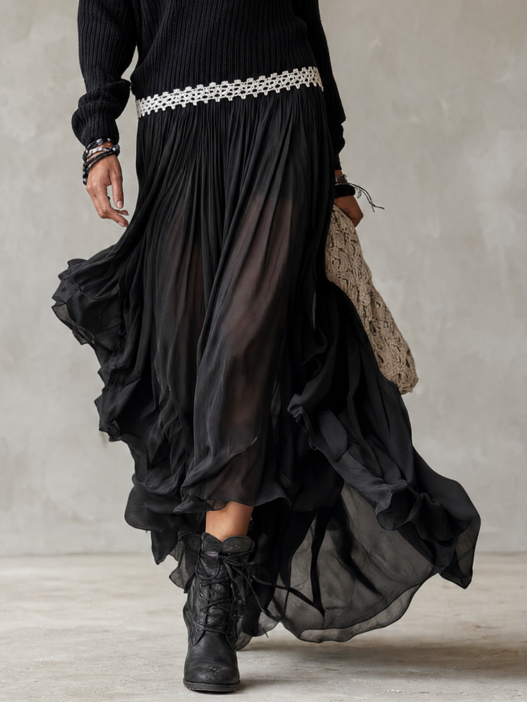 Black Off-Shoulder Knit And Chiffon Ruffle Maxi Dress