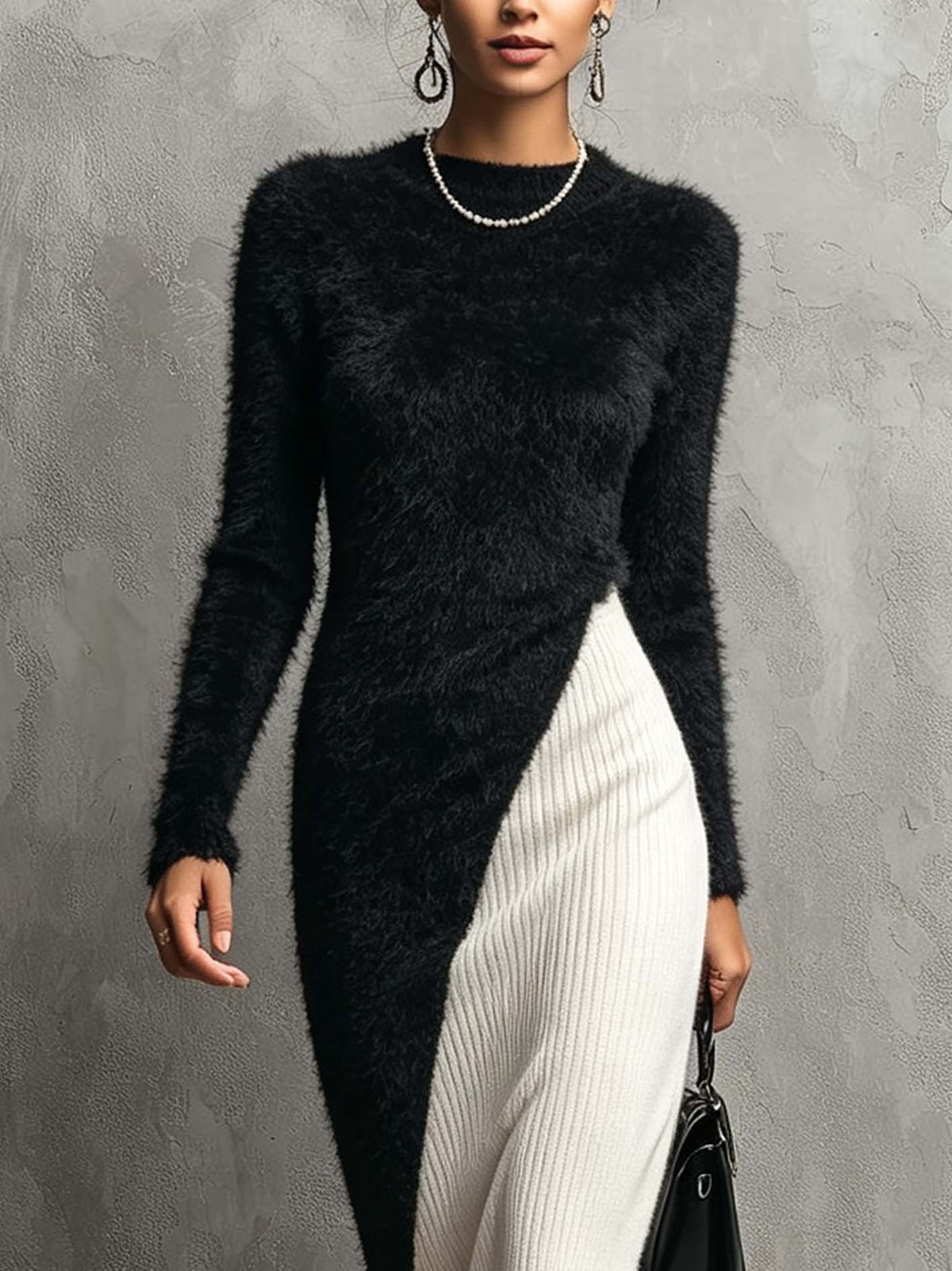 Black And White Fuzzy Knit Bodycon Maxi Dress With Contrast Ribbed Panel