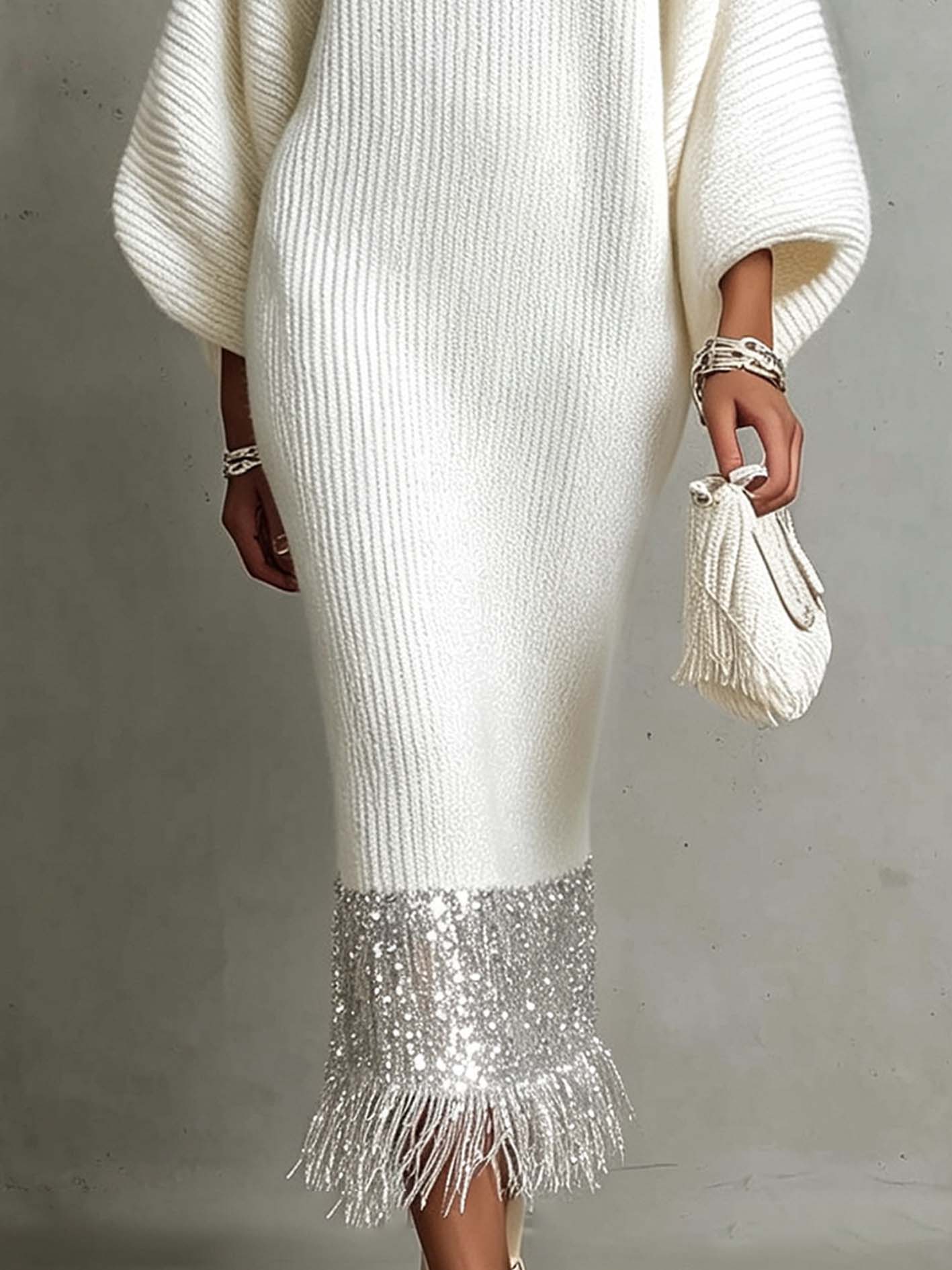 Ivory Sequin Patchwork Knit Maxi Sweater Dress With Fringe Hem