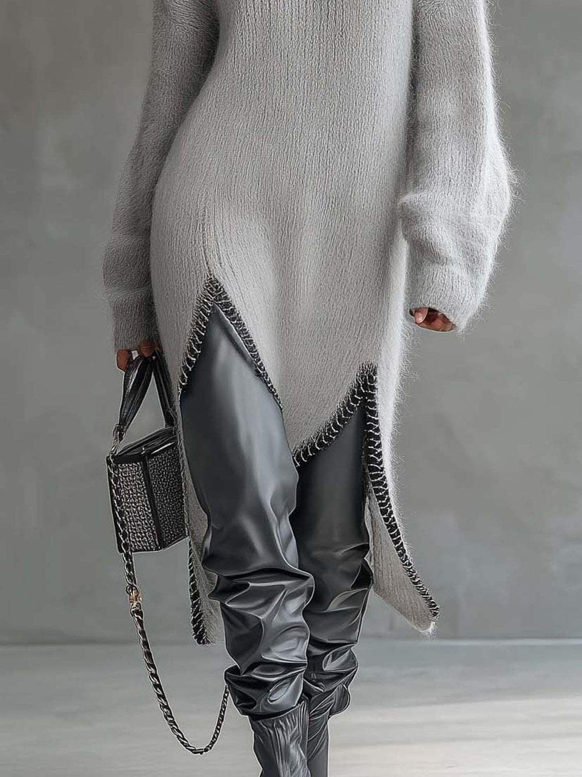 Light Gray Fuzzy Knit Midi Dress With Asymmetrical Hem And Leather Patchwork