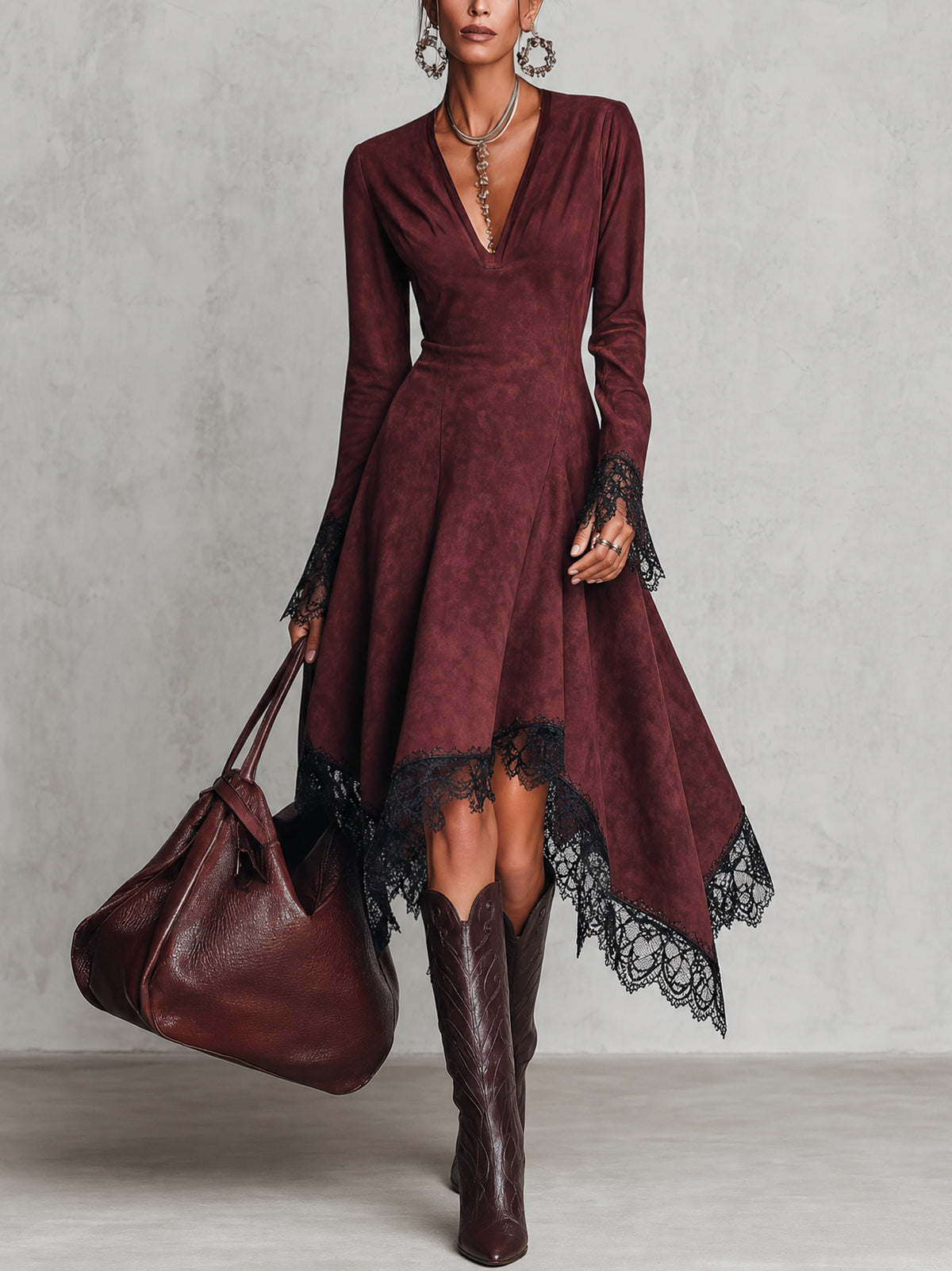 Vintage Burgundy Washed Faux Suede Asymmetrical Midi Dress