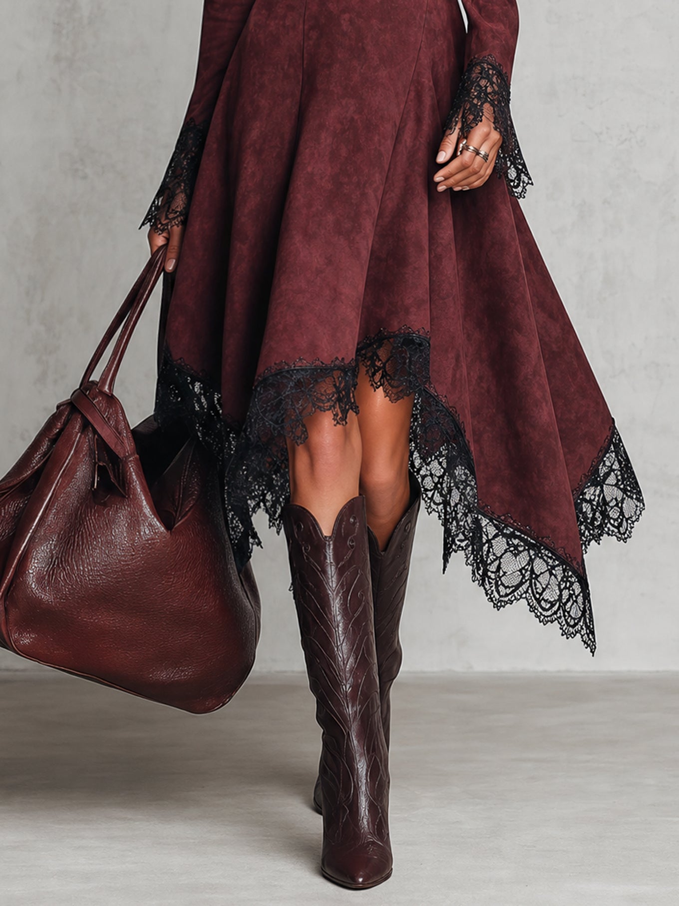 Vintage Burgundy Washed Faux Suede Asymmetrical Midi Dress
