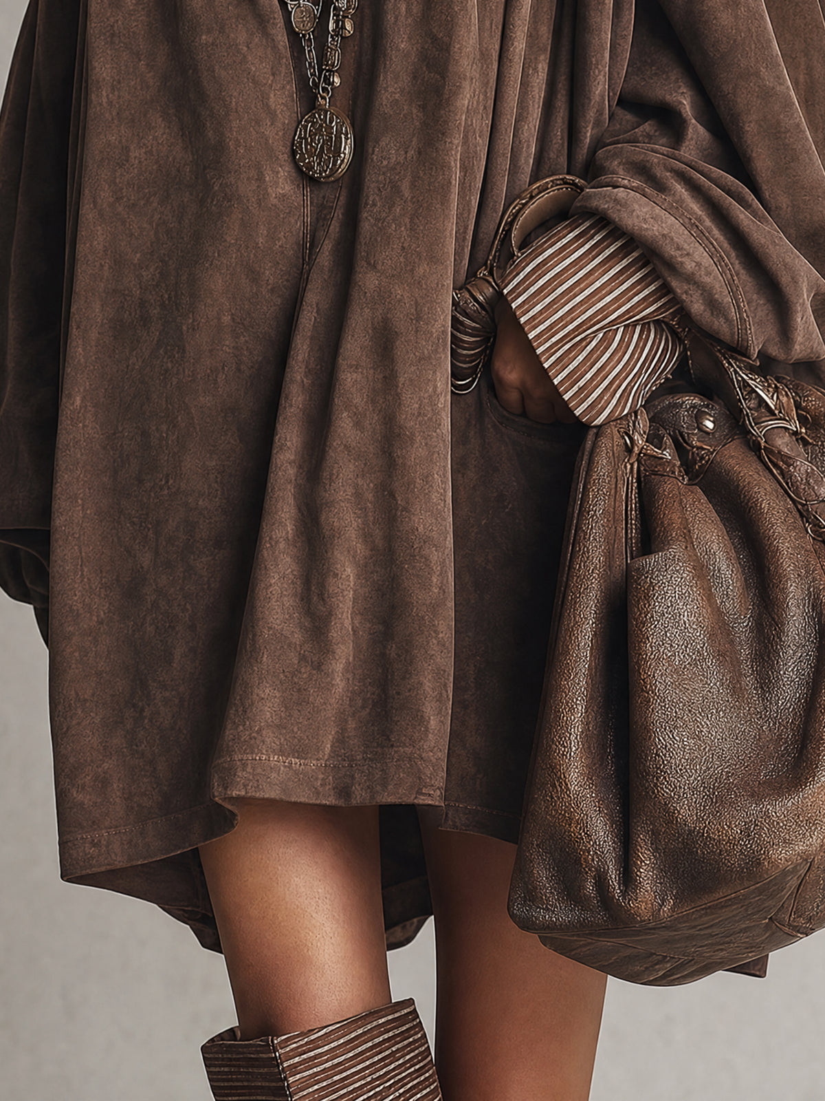 Vintage Brown Washed Faux Suede Oversized Mini Dress