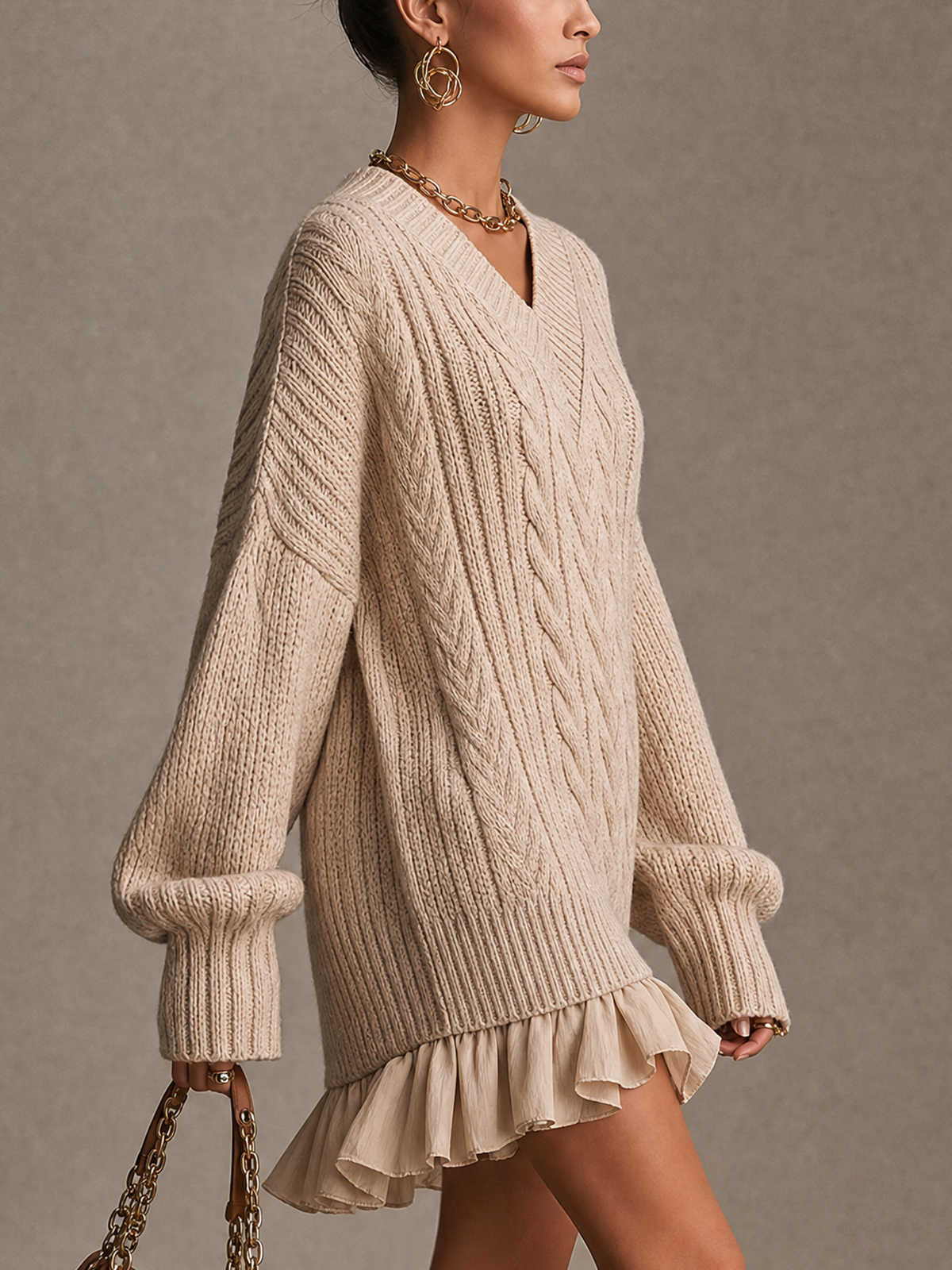 Beige Cable Knit V‑Neck Spliced Chiffon Mini Dress