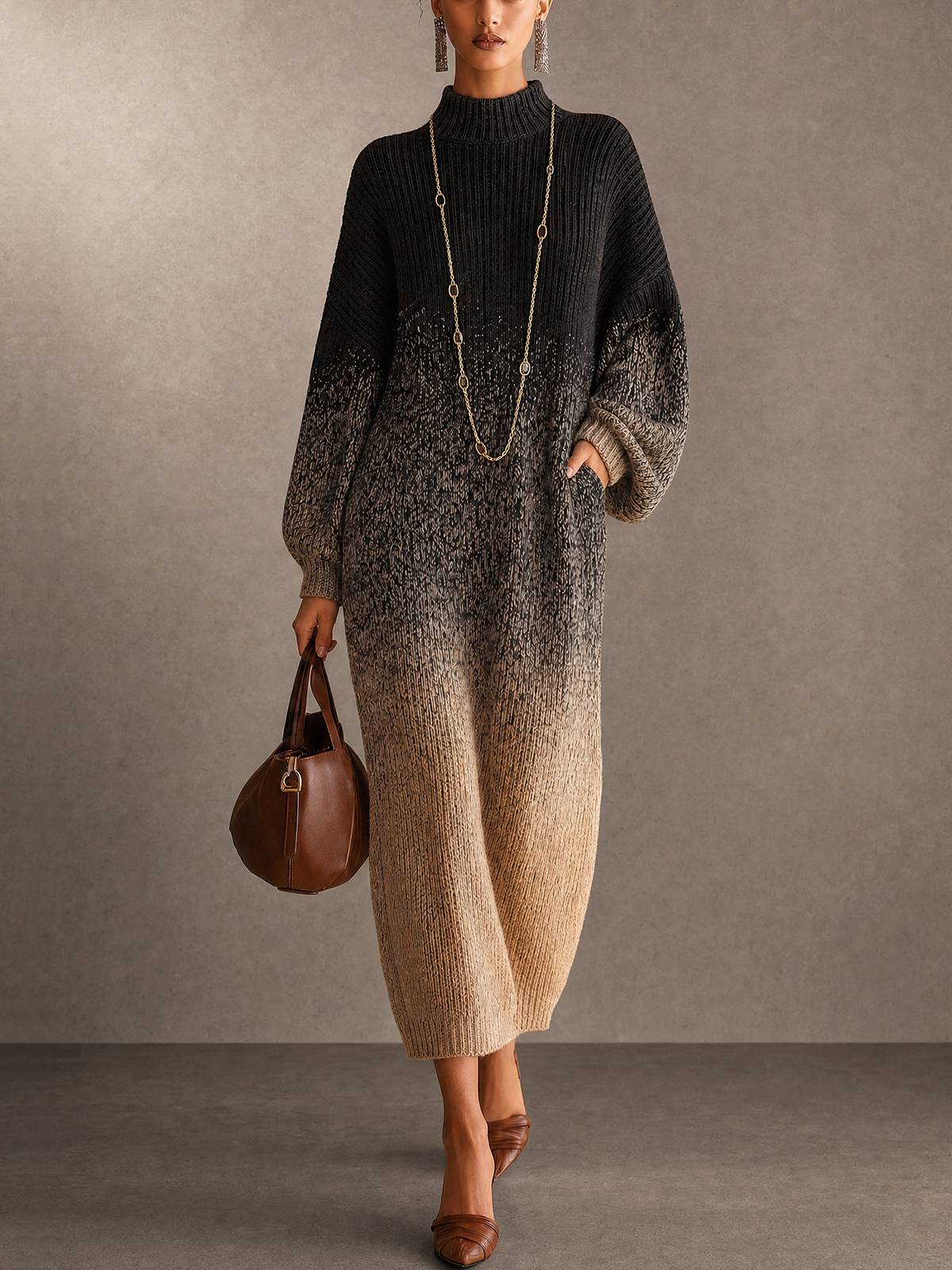 Black To Beige Gradient Turtleneck Knit Maxi Dress
