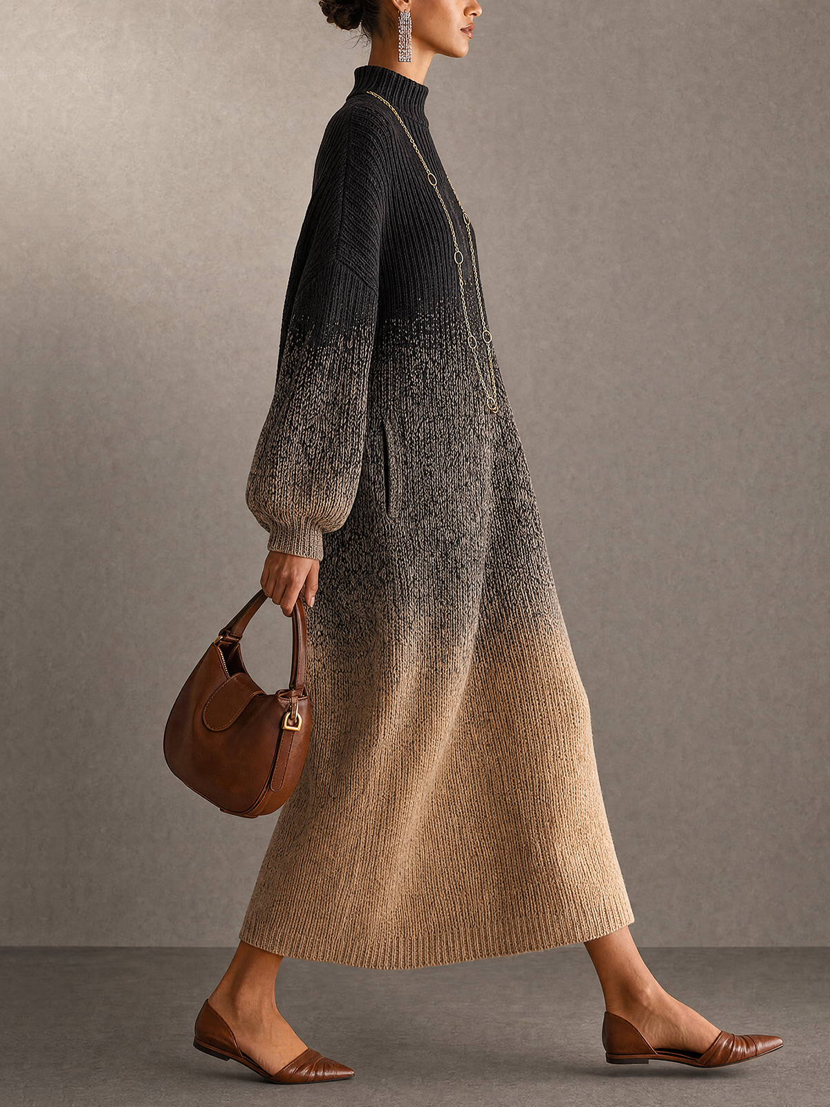 Black To Beige Gradient Turtleneck Knit Maxi Dress
