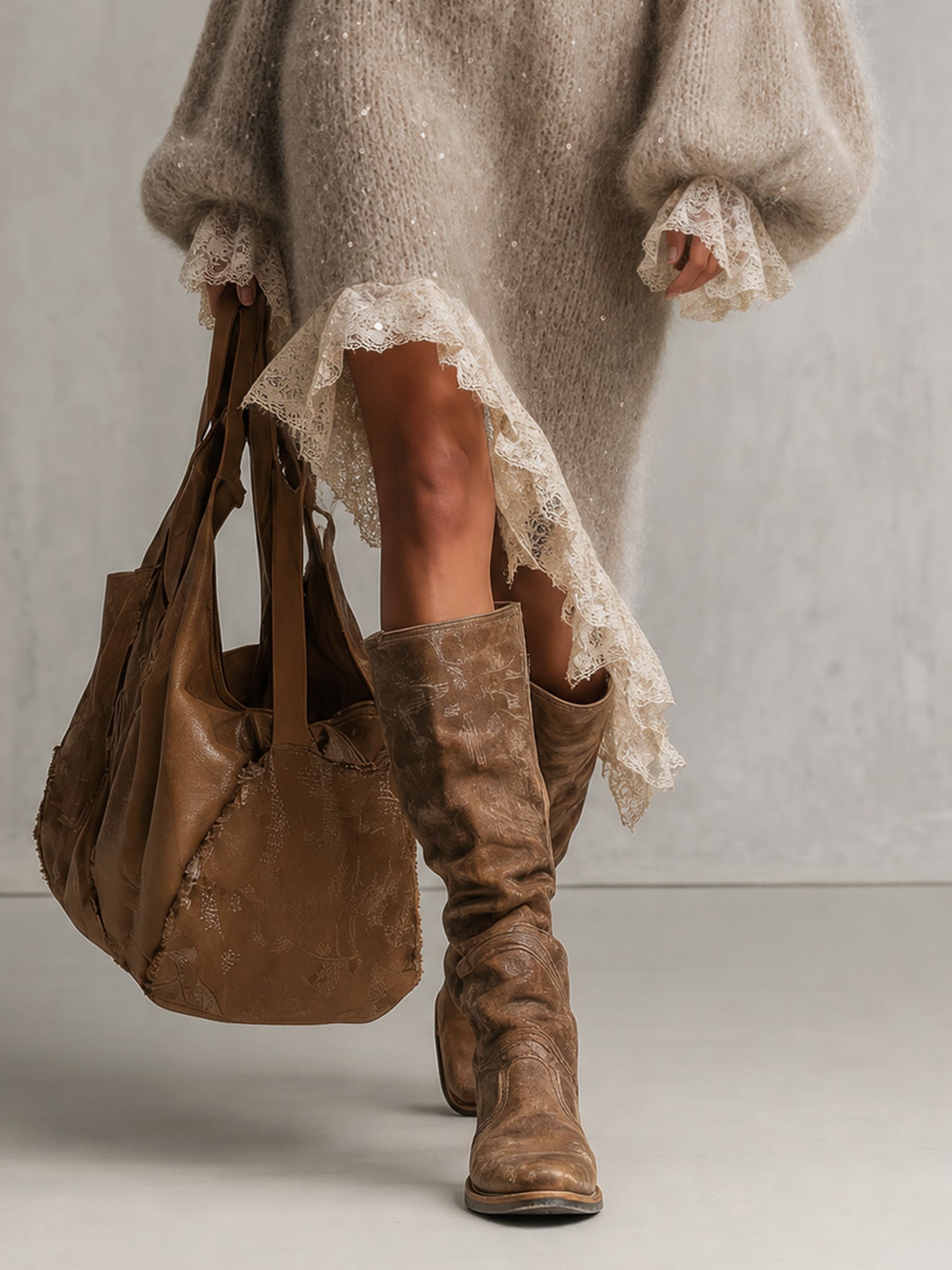 Beige Sequin Knit Lace Trim Midi Dress
