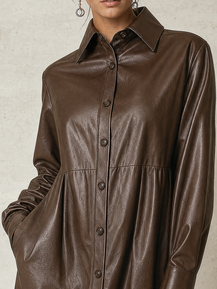 Chocolate Brown Faux Leather Lace-Hem Shirt Mini Dress
