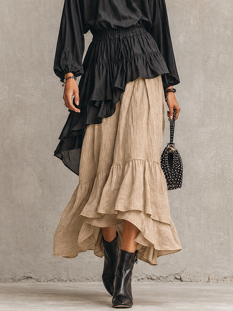 Black Cotton-Linen Blend Ruffle Blouse And Natural Linen Asymmetric Maxi Skirt Set