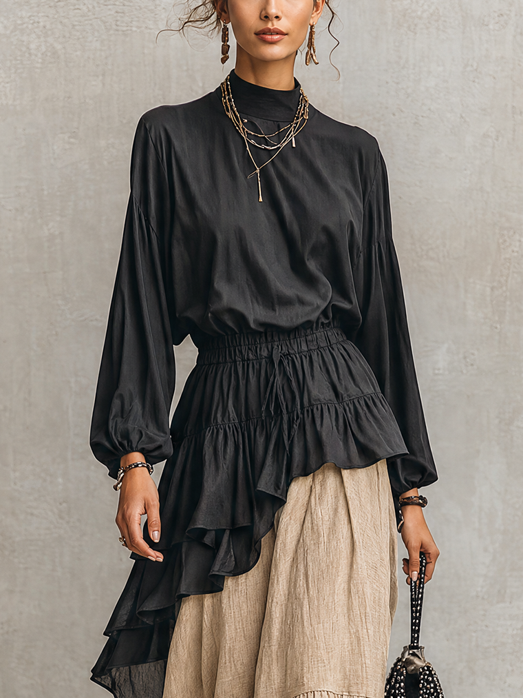 Black Cotton-Linen Blend Ruffle Blouse And Natural Linen Asymmetric Maxi Skirt Set