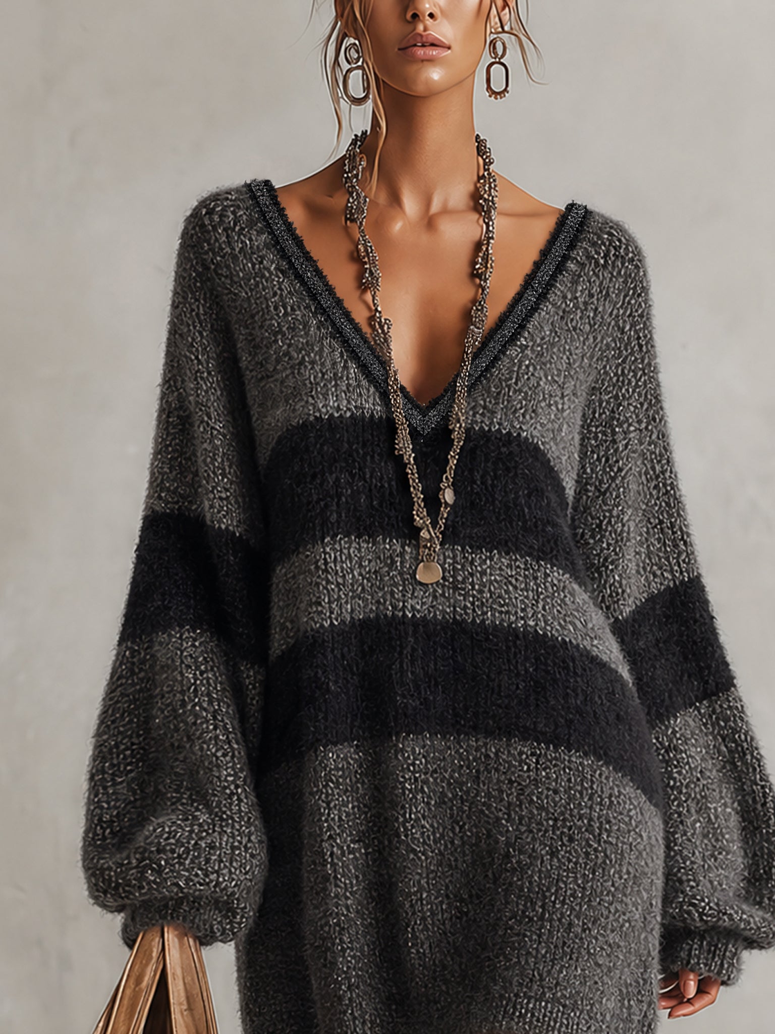 Black And Gray Colorblock Oversized V-Neck Mini Dress