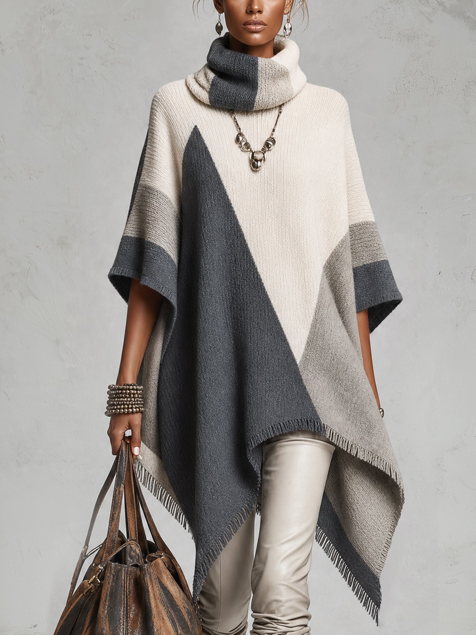 Gray Geometric Color Block Fringed Oversized Poncho Sweater