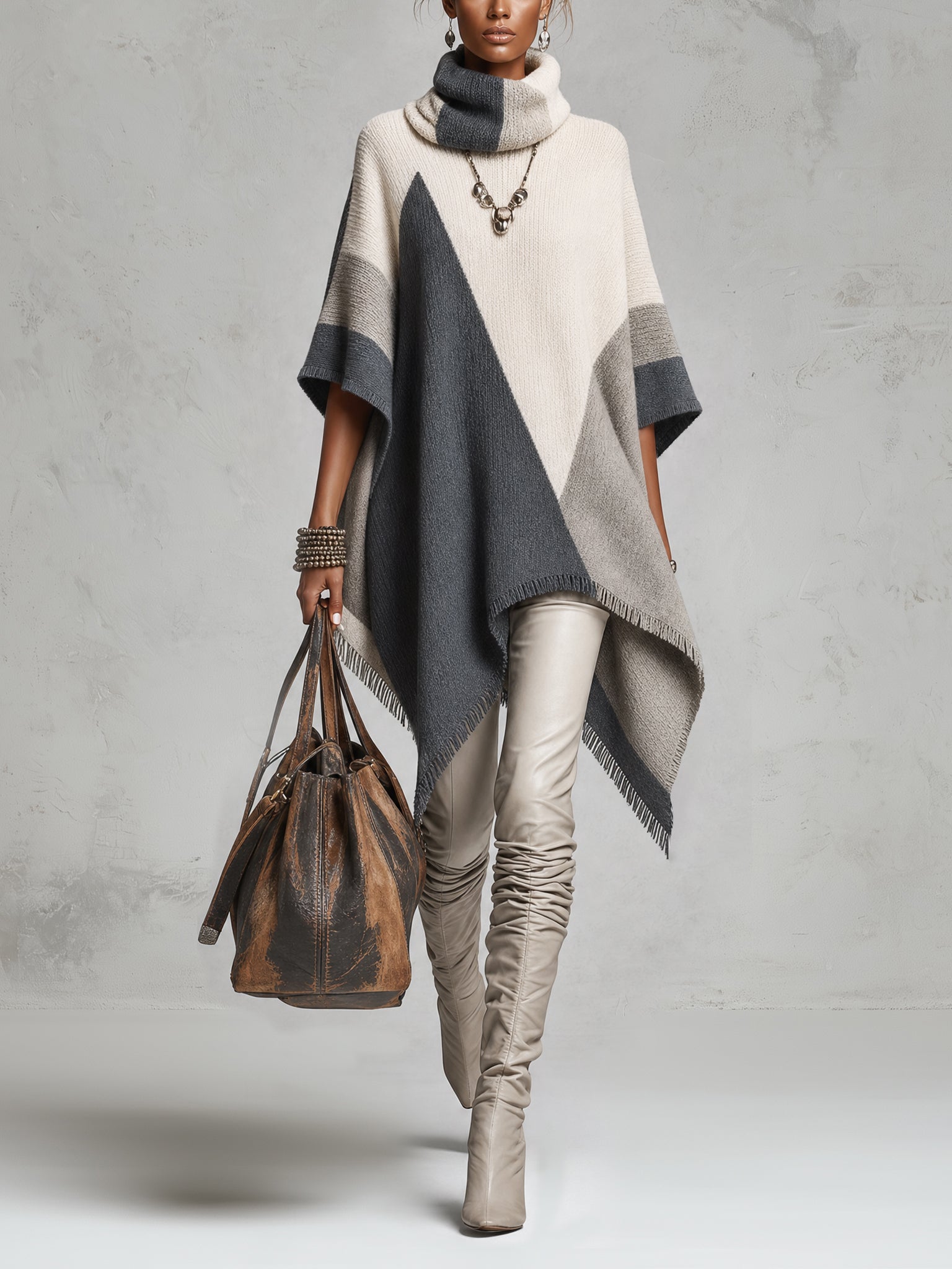 Gray Geometric Color Block Fringed Oversized Poncho Sweater