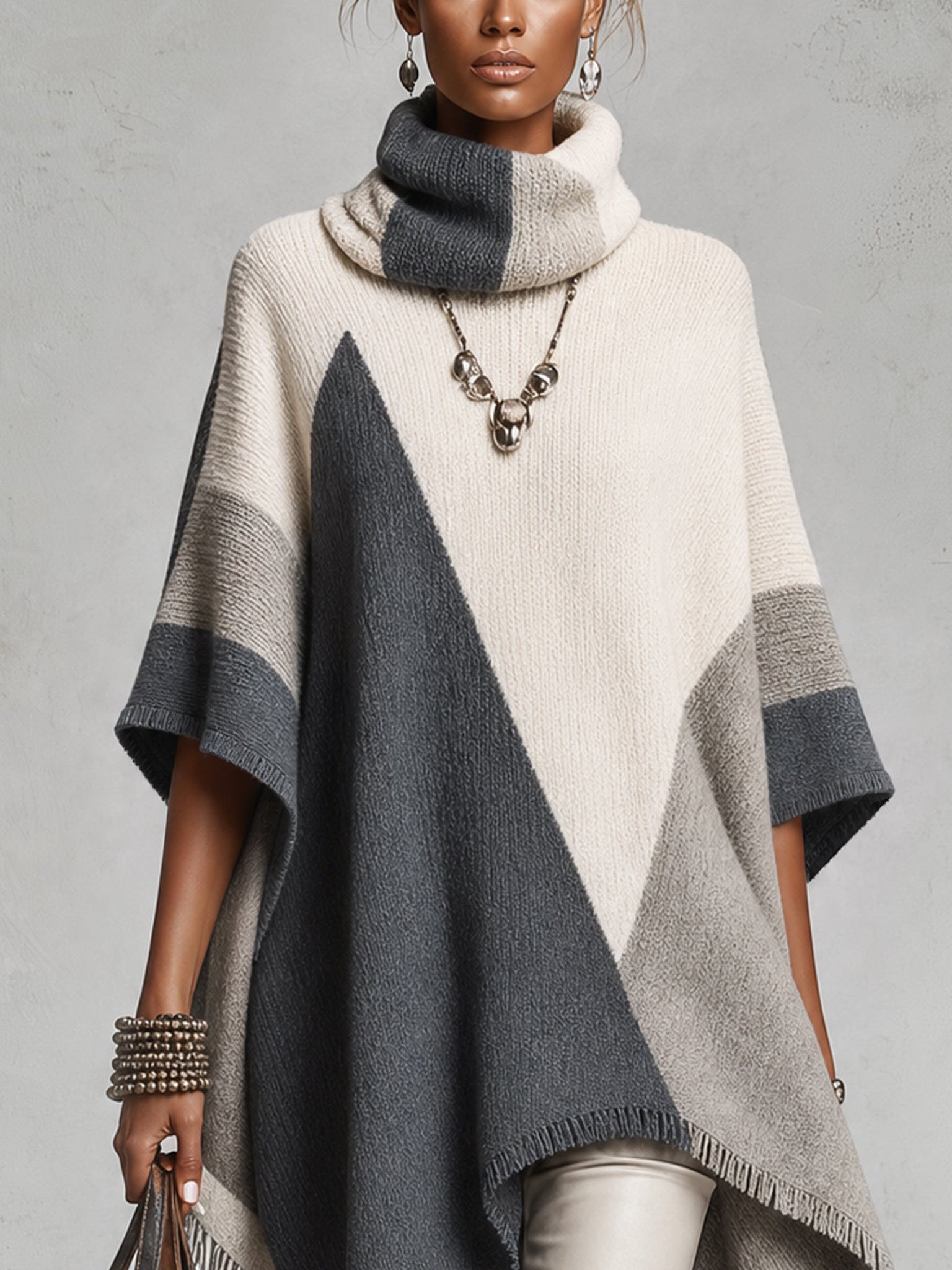 Gray Geometric Color Block Fringed Oversized Poncho Sweater