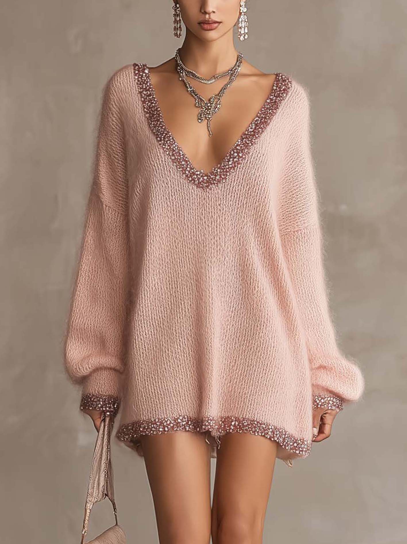 Blush Pink Fuzzy Knit Mini Dress With Shimmer Trim Deep V-Neck