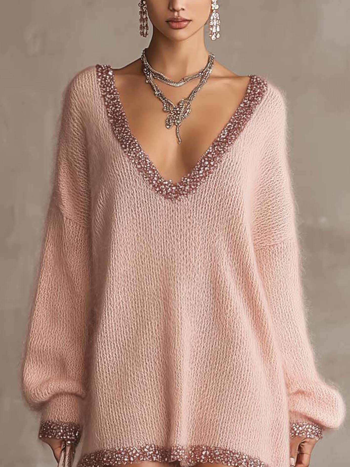 Blush Pink Fuzzy Knit Mini Dress With Shimmer Trim Deep V-Neck