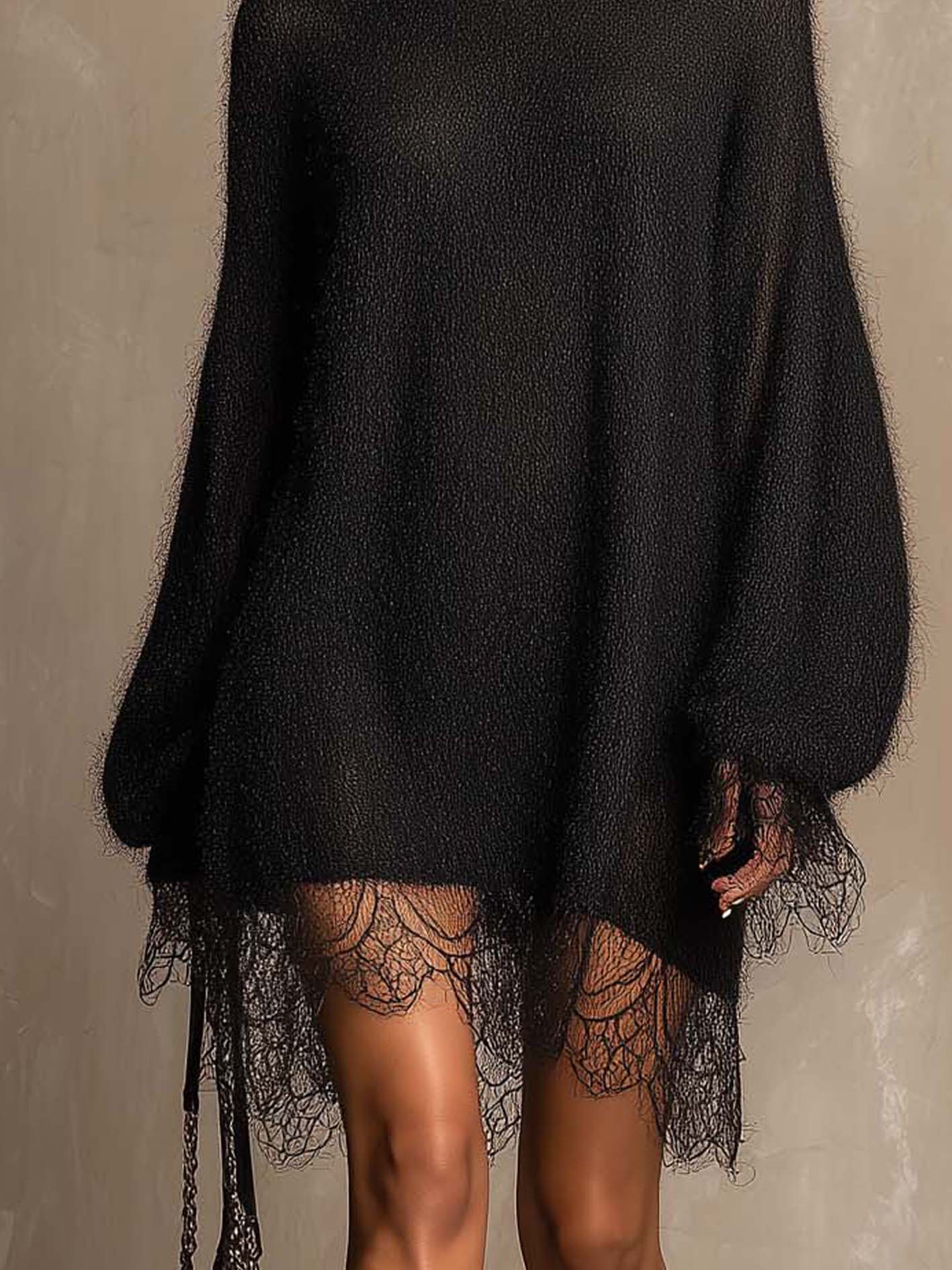 Black Fuzzy Knit Mini Dress With Sheer Lace Hem