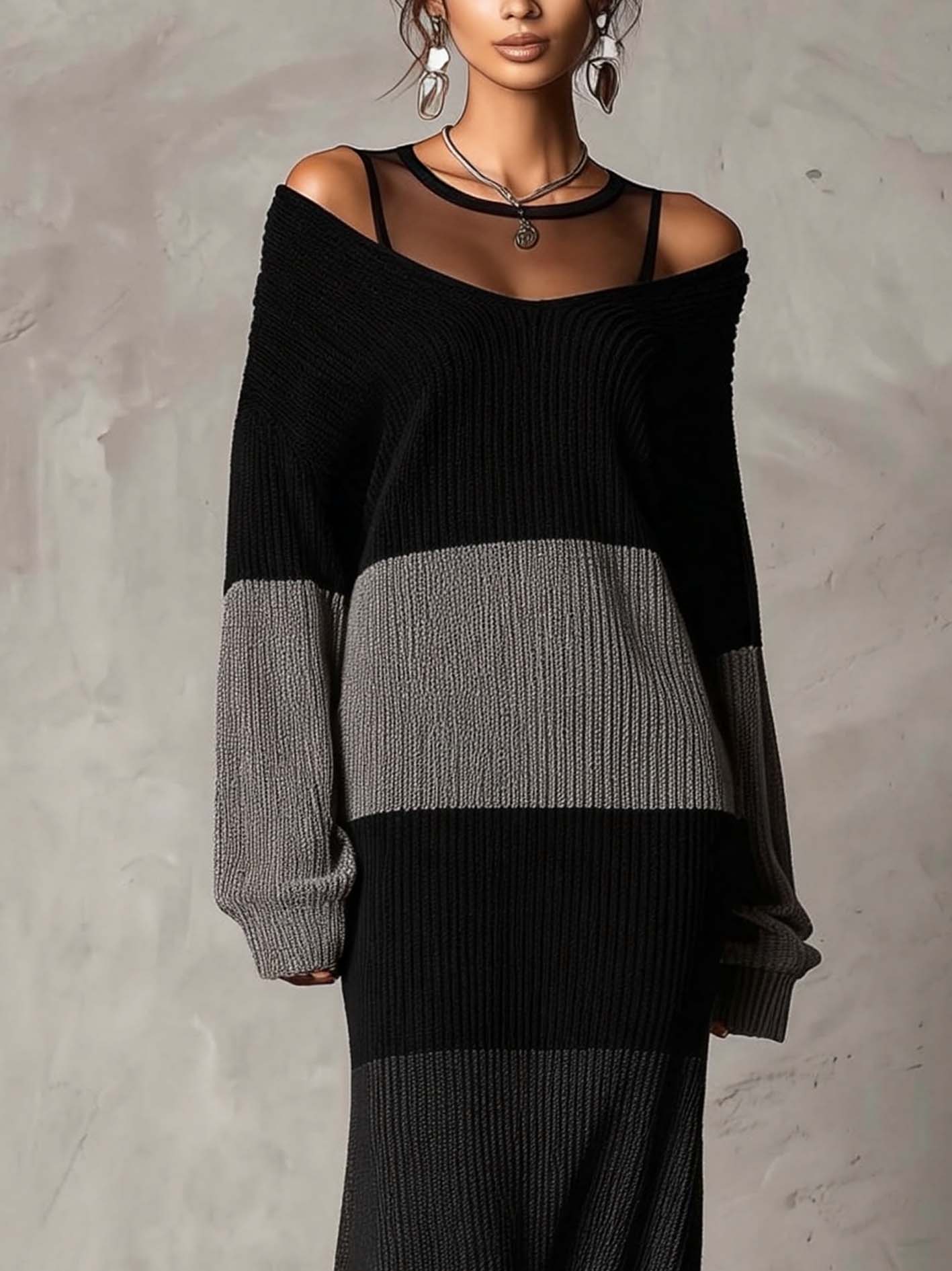 Black And Gray Color Block Knit Maxi Dress With Sheer Mesh Neckline