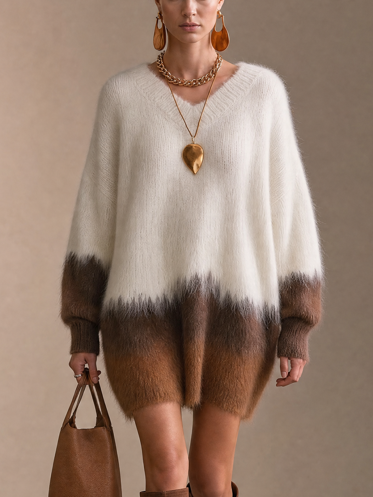 Cream Brown Ombre Fuzzy V-Neck Knit Mini Dress