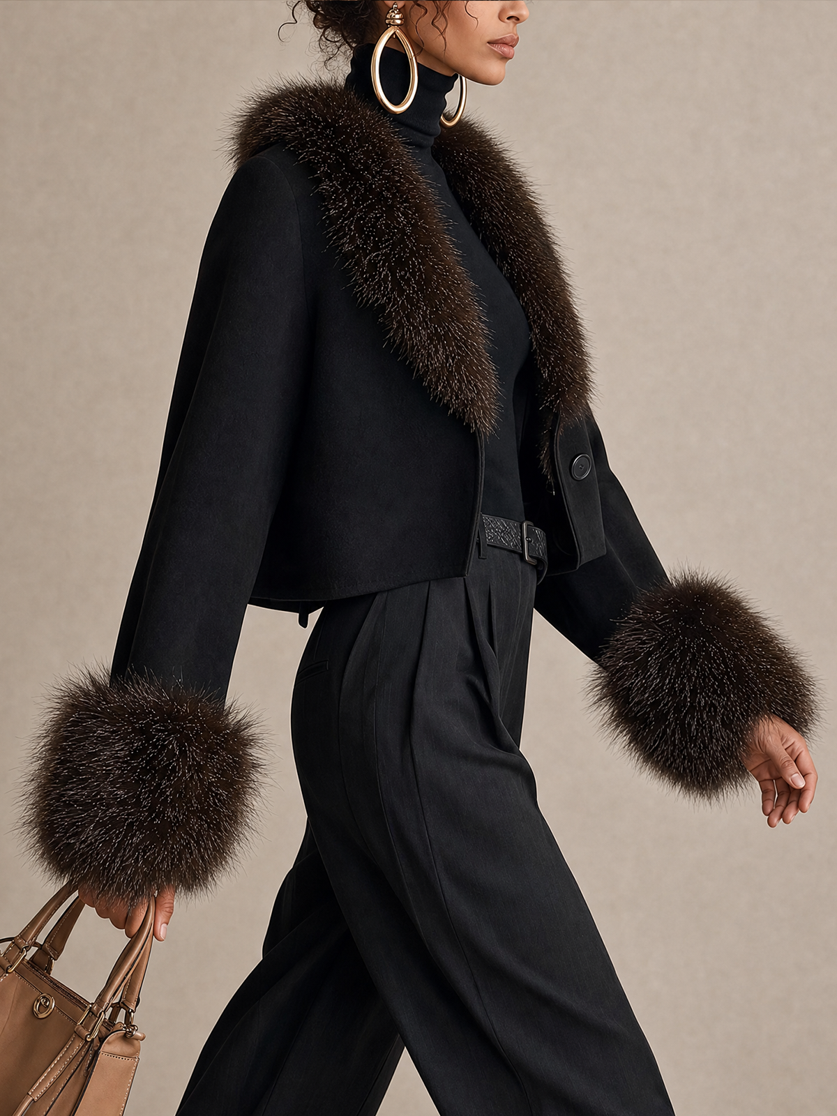 Black Faux Fur Collar And Cuff Cropped Woven Tweed Jacket