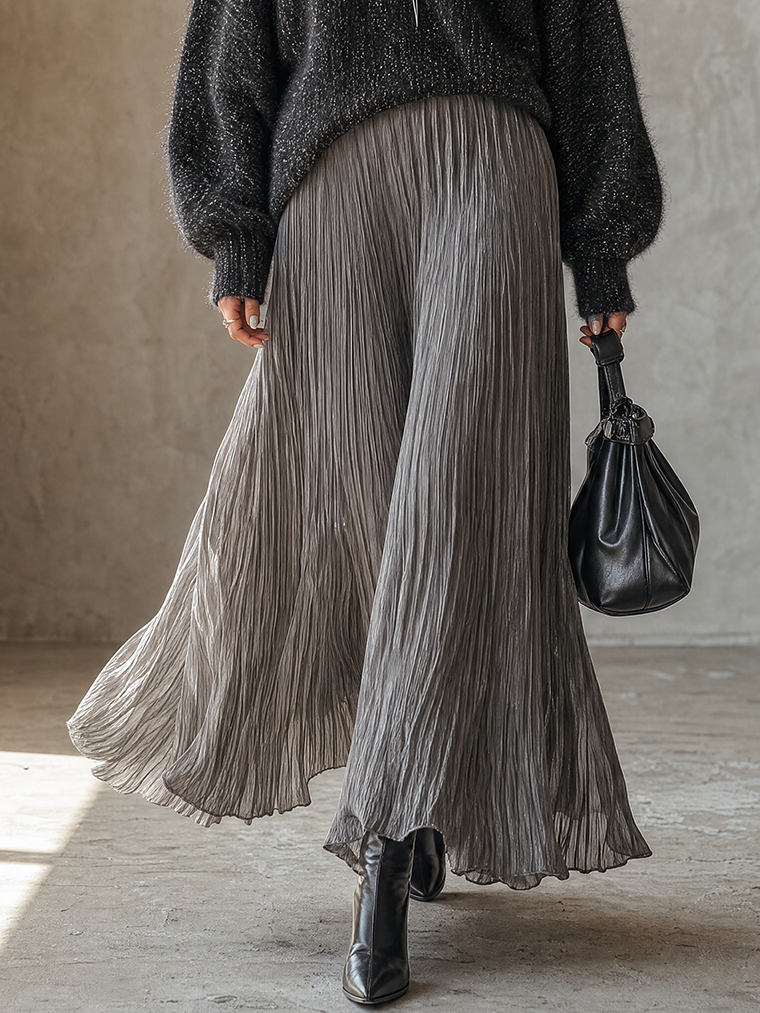 Charcoal Shimmer Knit Sweater And Smoke Gray Pleated Maxi Skirt Set