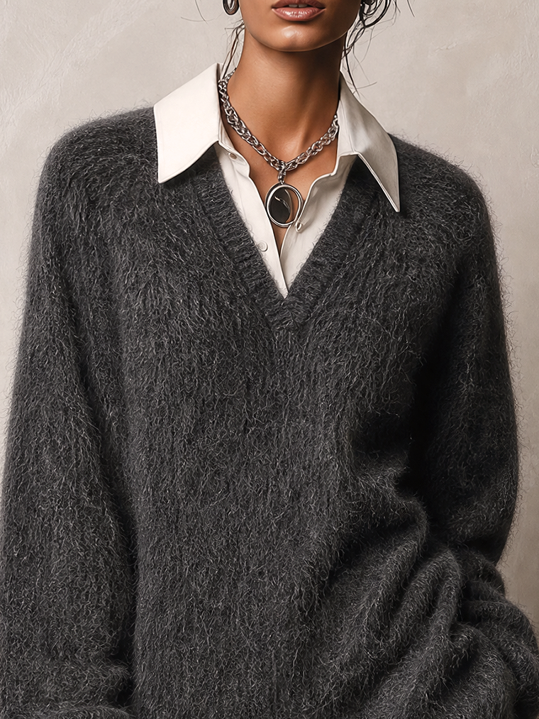 Charcoal Fuzzy Knit V-Neck Mini Sweater Dress With Crochet Lace Hem