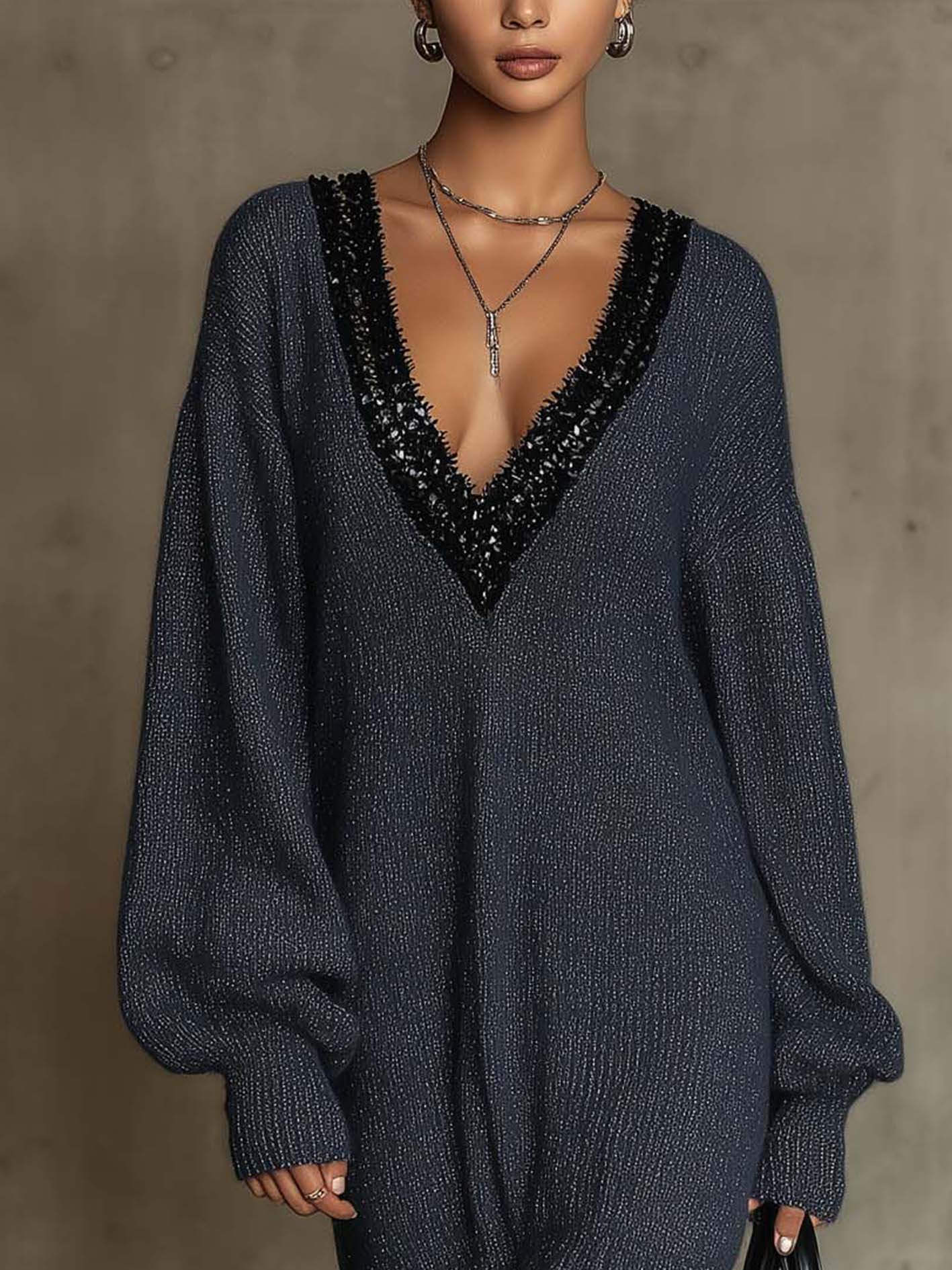 Navy Shimmer Knit Midi Dress With Black Sequin Trim V-Neck