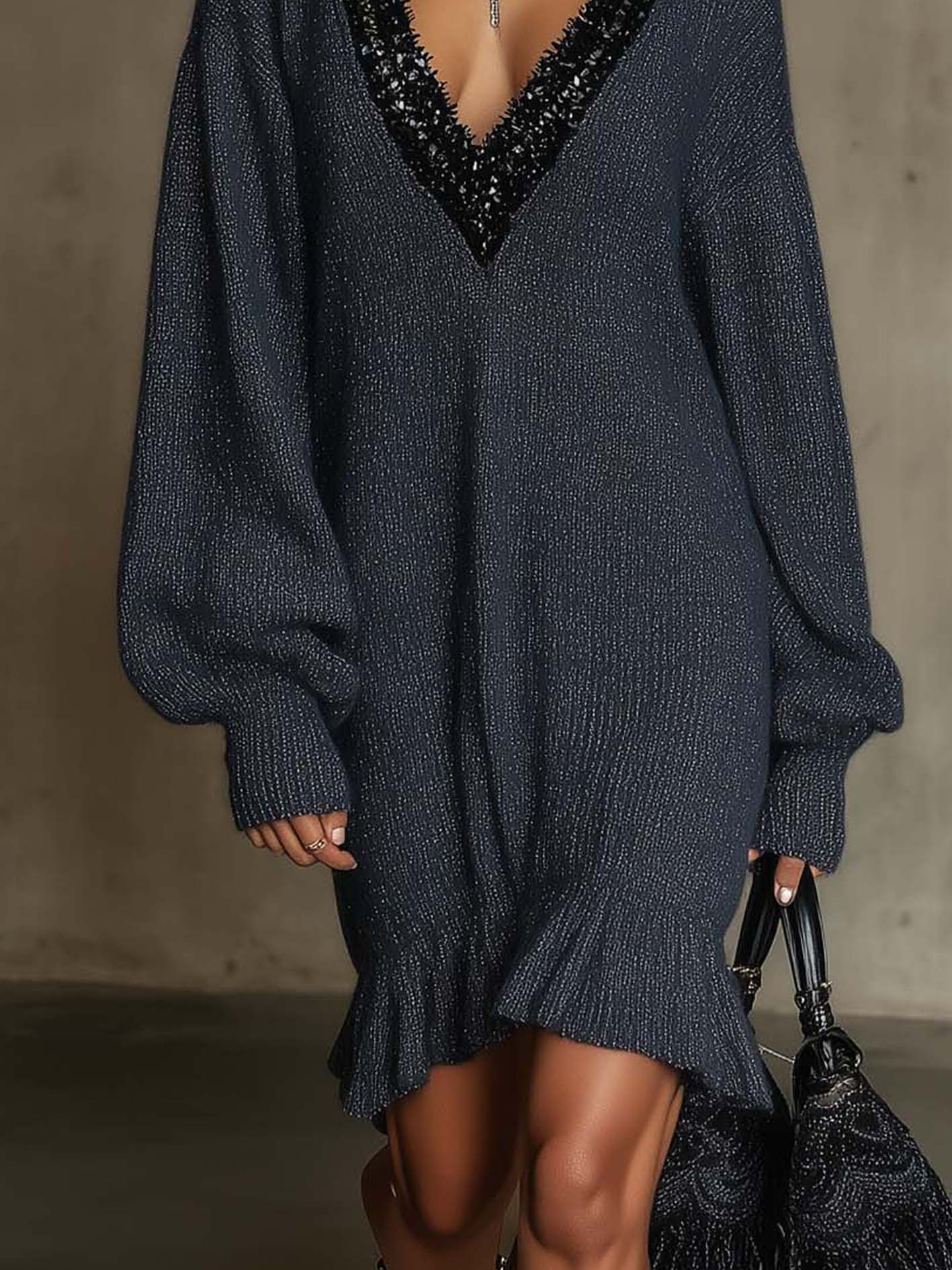 Navy Shimmer Knit Midi Dress With Black Sequin Trim V-Neck