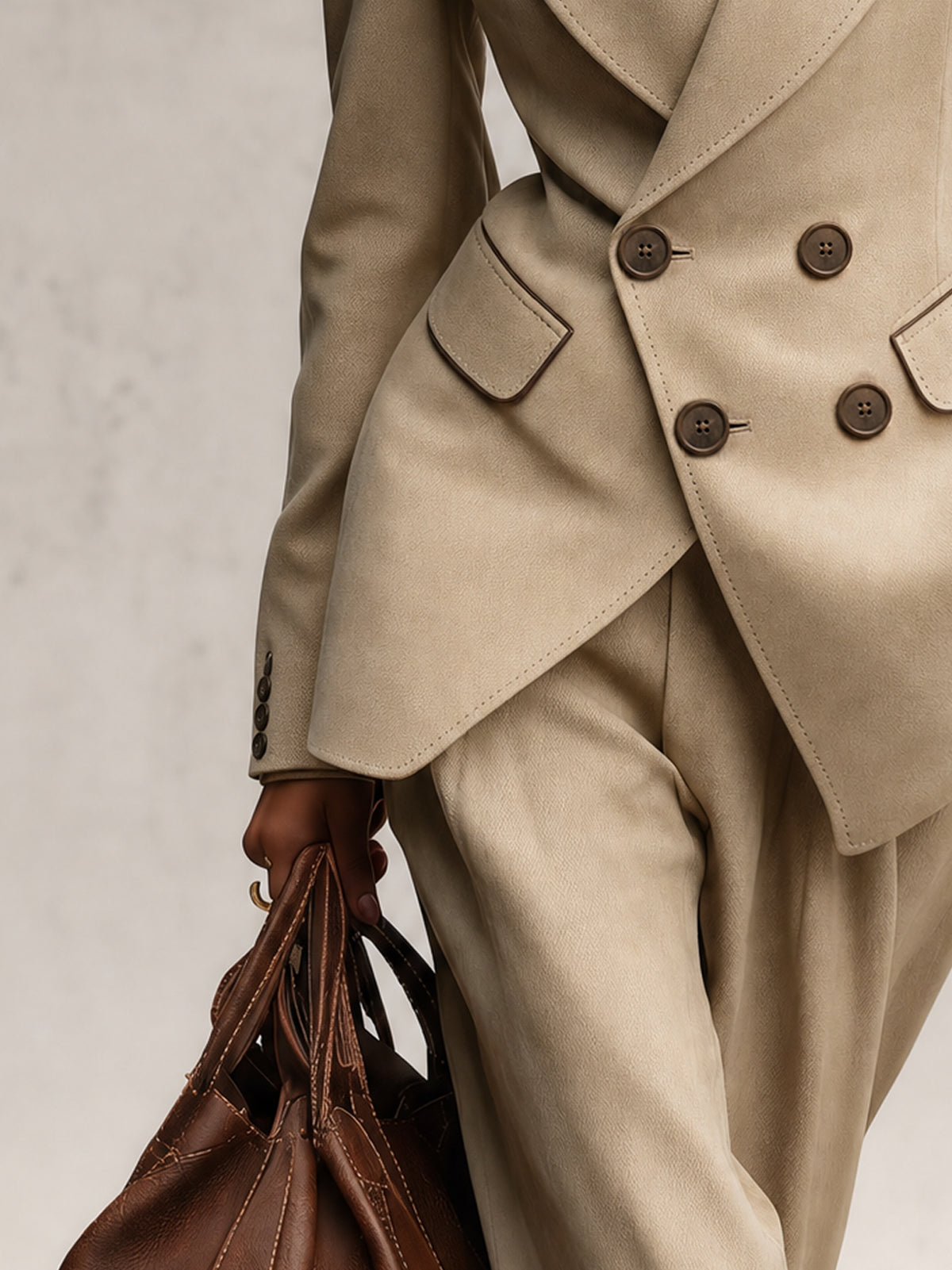 Light Khaki Double Breasted Tailored Blazer With Brooch