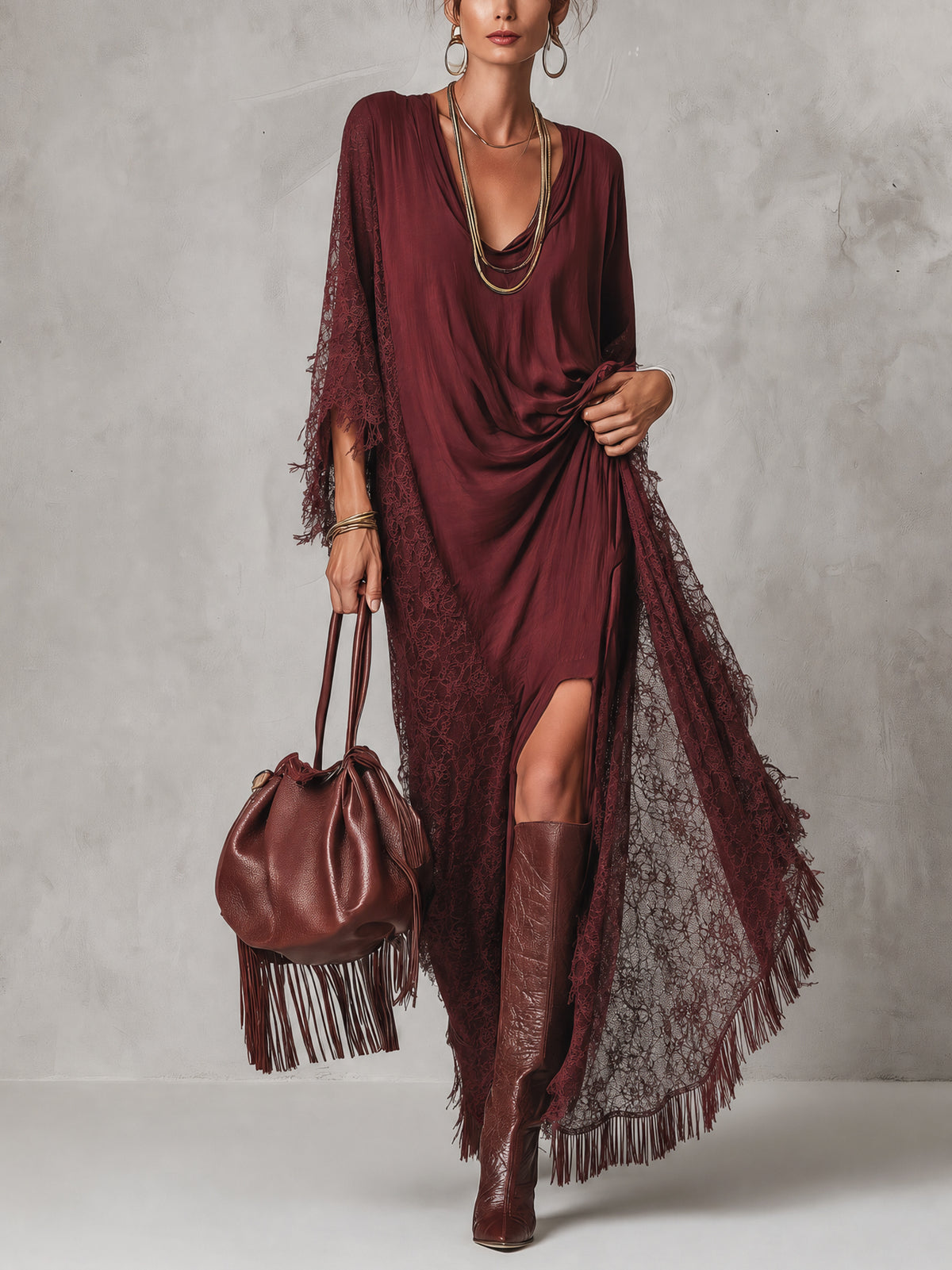 Vintage Burgundy Cotton Blend Lace Panel Slit Maxi Dress