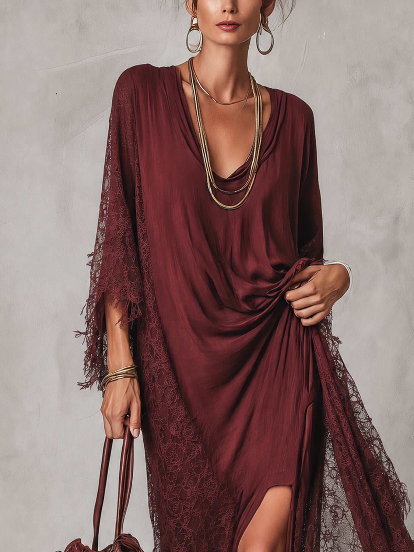 Vintage Burgundy Cotton Blend Lace Panel Slit Maxi Dress