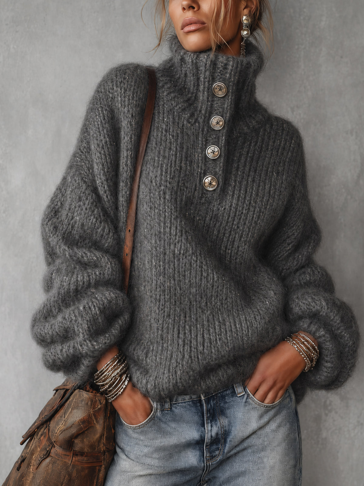 Charcoal Gray Metallic Thread Button Detail Oversized Sweater
