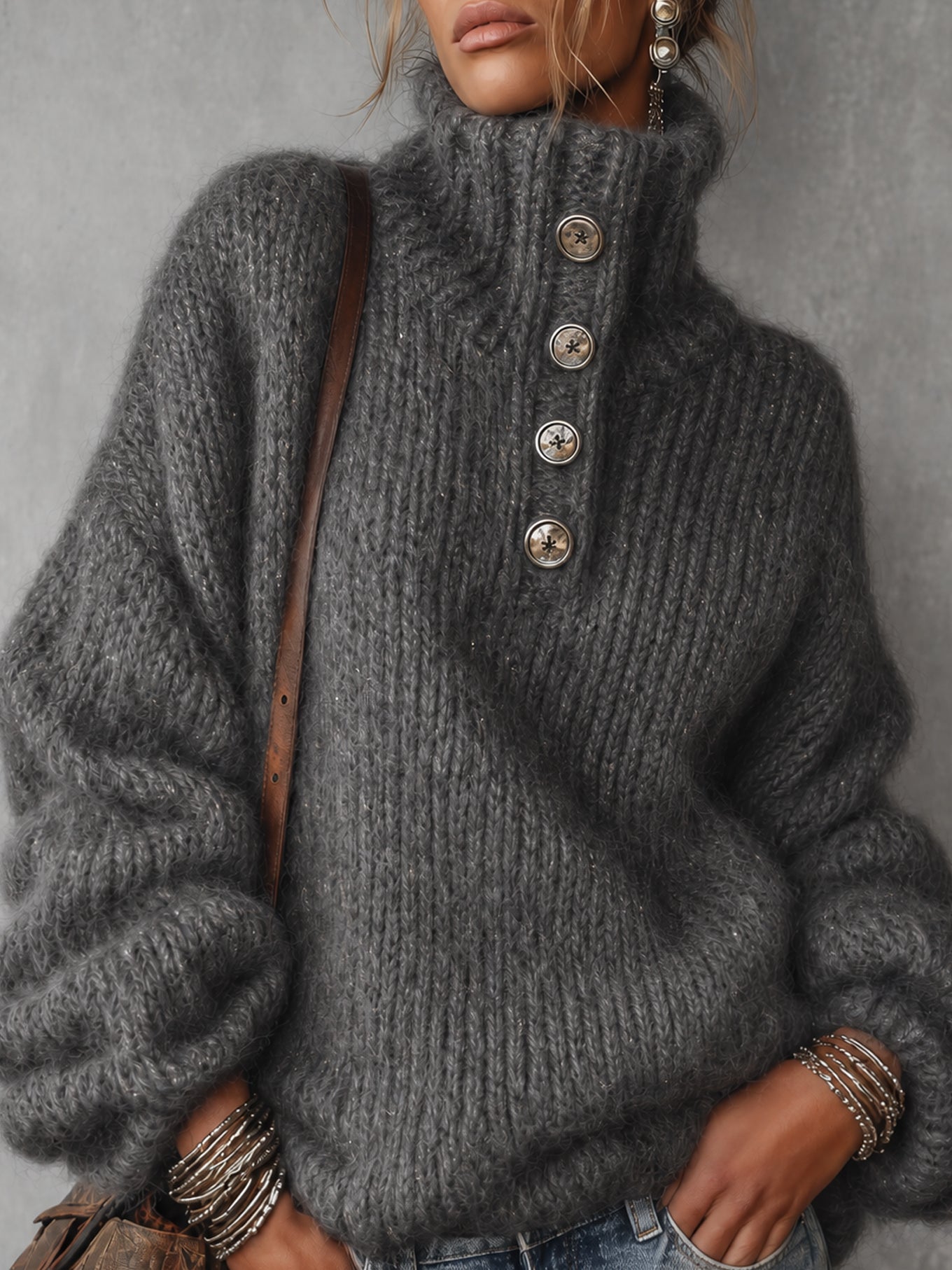 Charcoal Gray Metallic Thread Button Detail Oversized Sweater