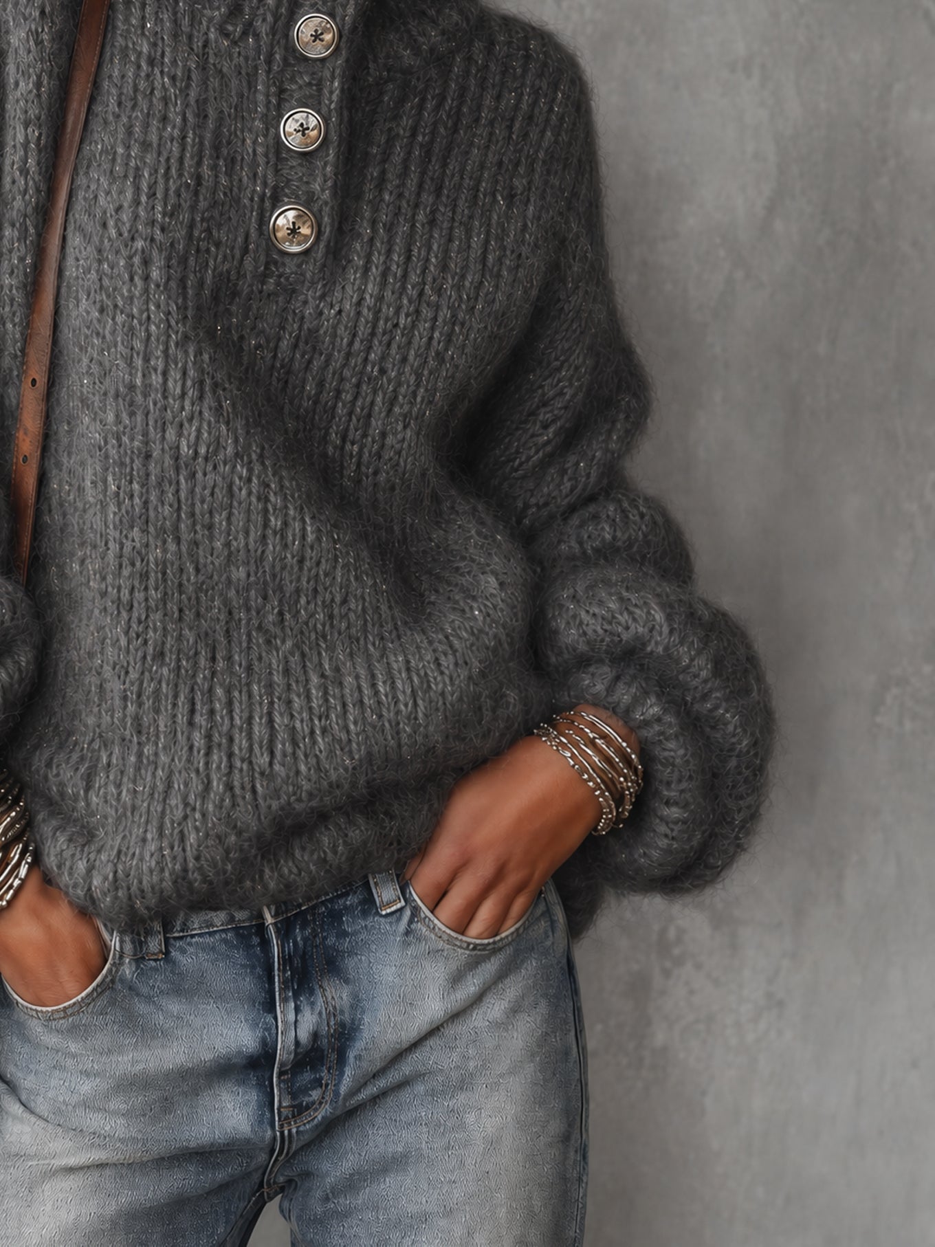 Charcoal Gray Metallic Thread Button Detail Oversized Sweater