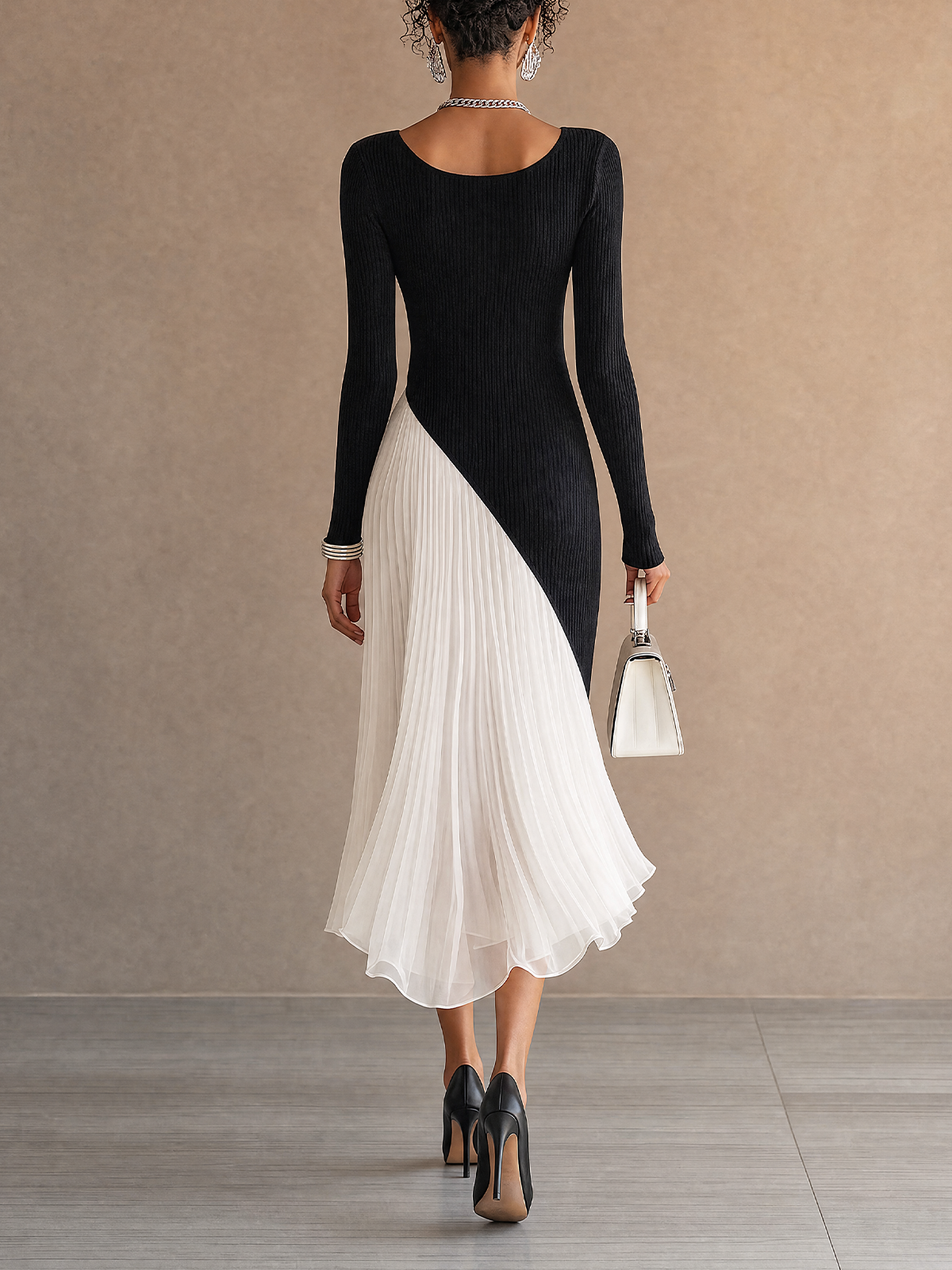 Black And White Asymmetric Rib Knit Chiffon Midi Dress